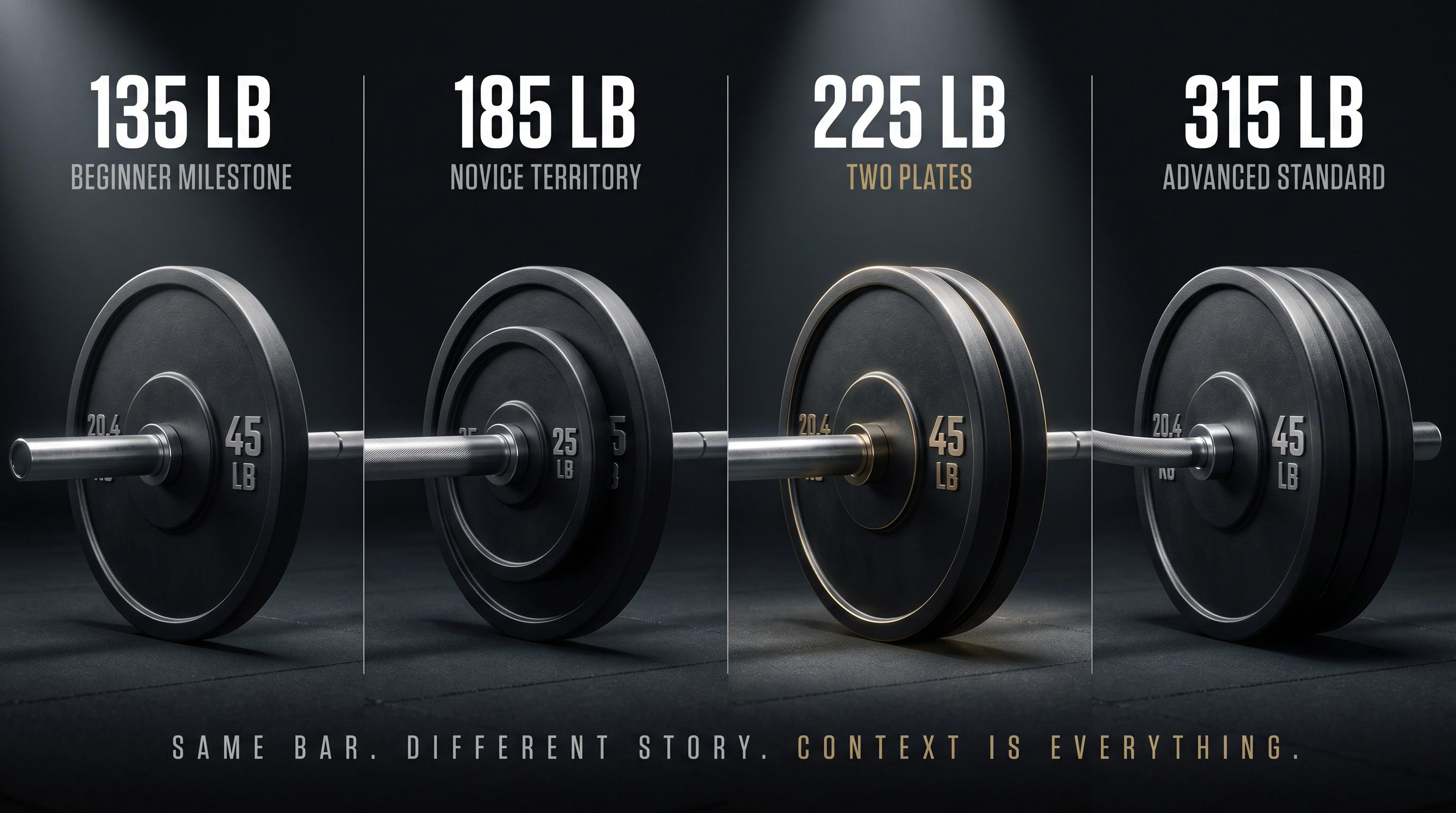 Four iconic barbell bench press milestones — 135, 185, 225, and 315 lb — visualized as plate-loading tiers on a dark gym background