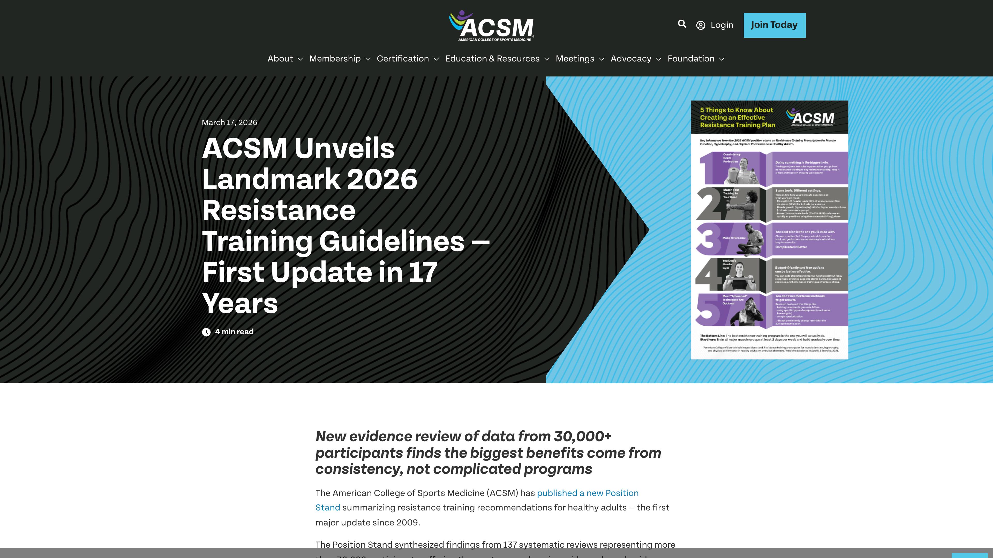 ACSM website showing Landmark 2026 Resistance Training Guidelines article dated March 17 2026 with the headline First Update in 17 Years and the published infographic