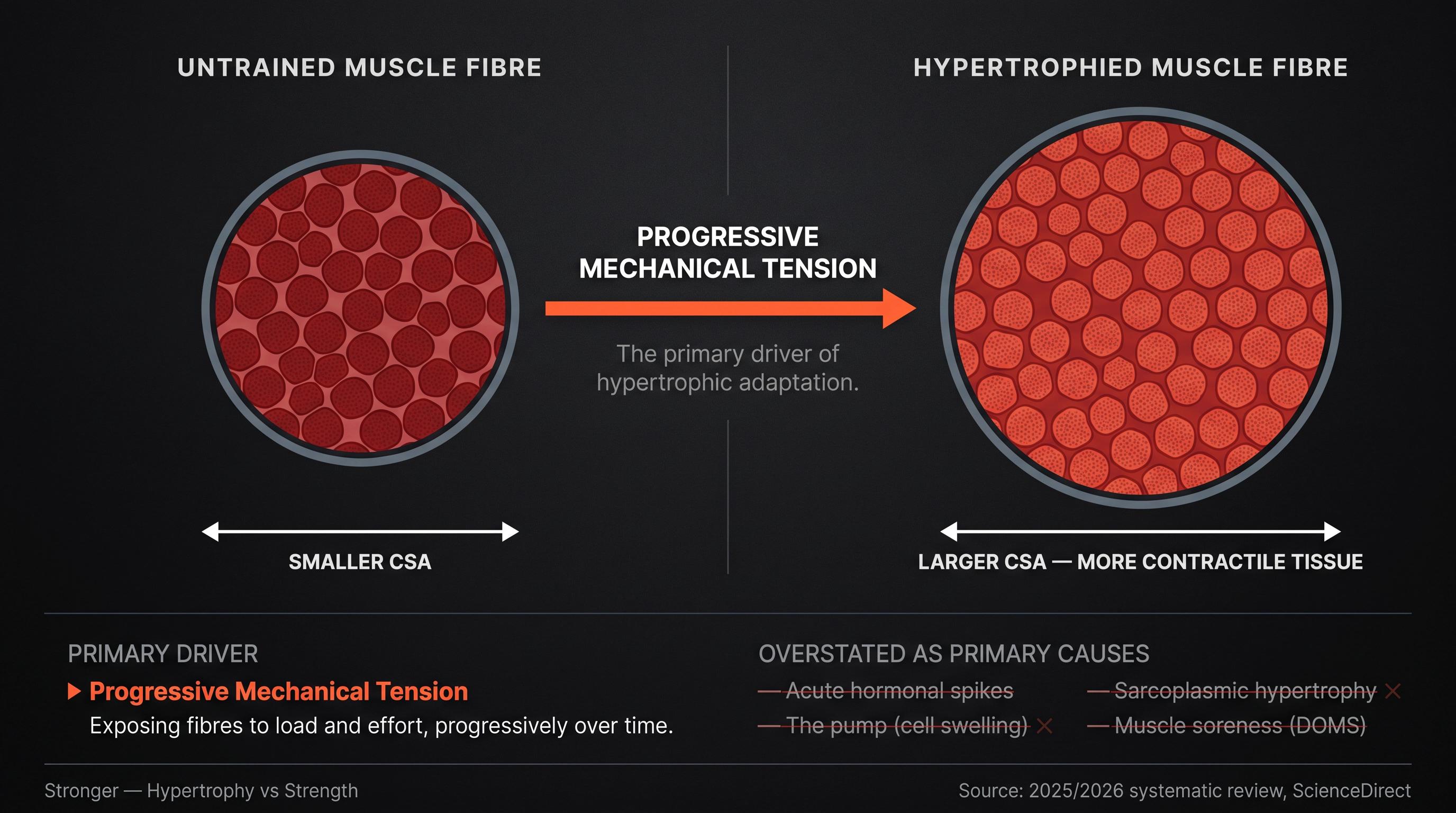 Scientific diagram showing muscle fibre cross-section before and after hypertrophy, with mechanical tension labeled as the primary growth driver