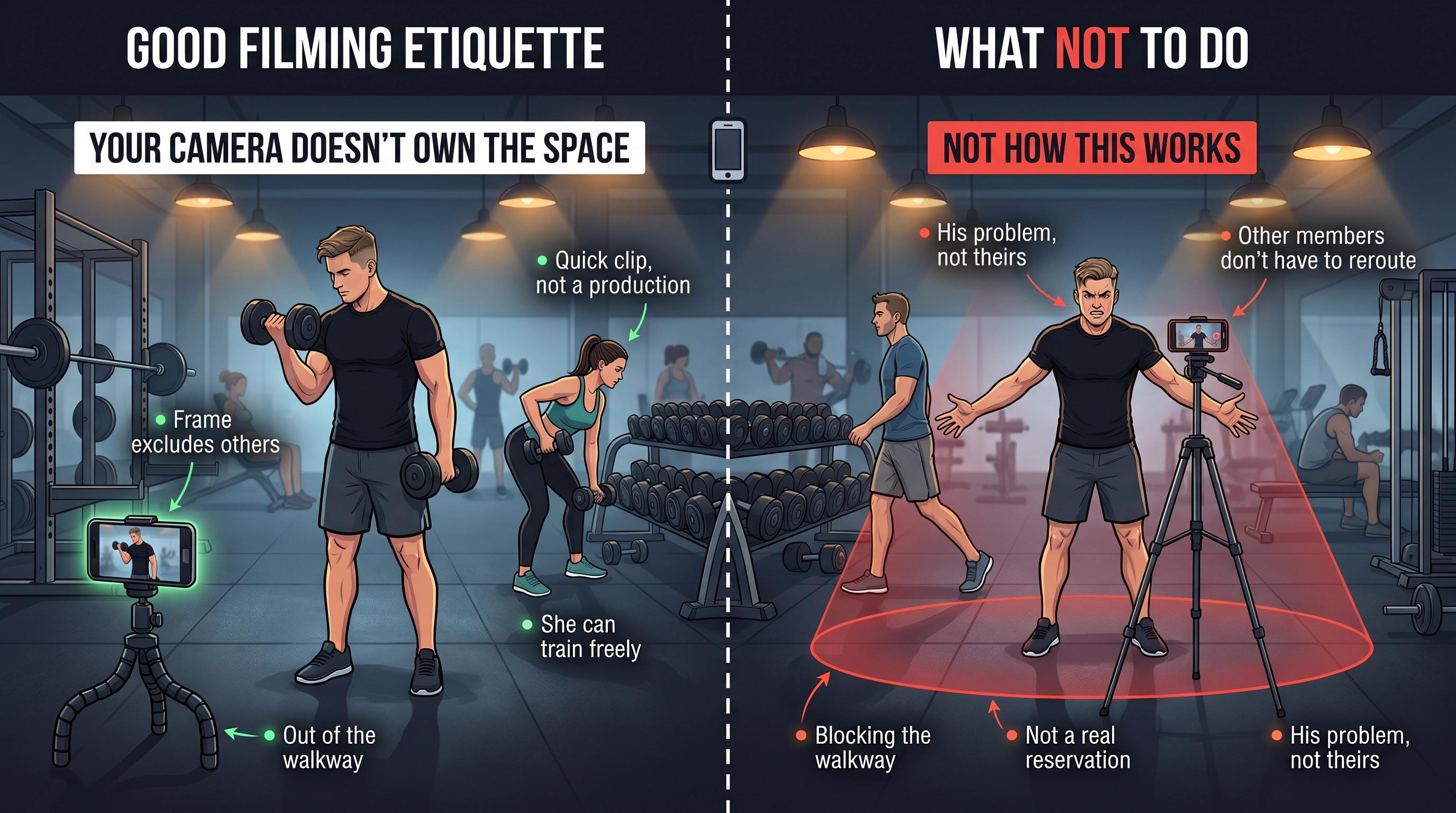 Split editorial illustration: good vs bad gym filming etiquette, showing correct tripod placement and camera framing rules