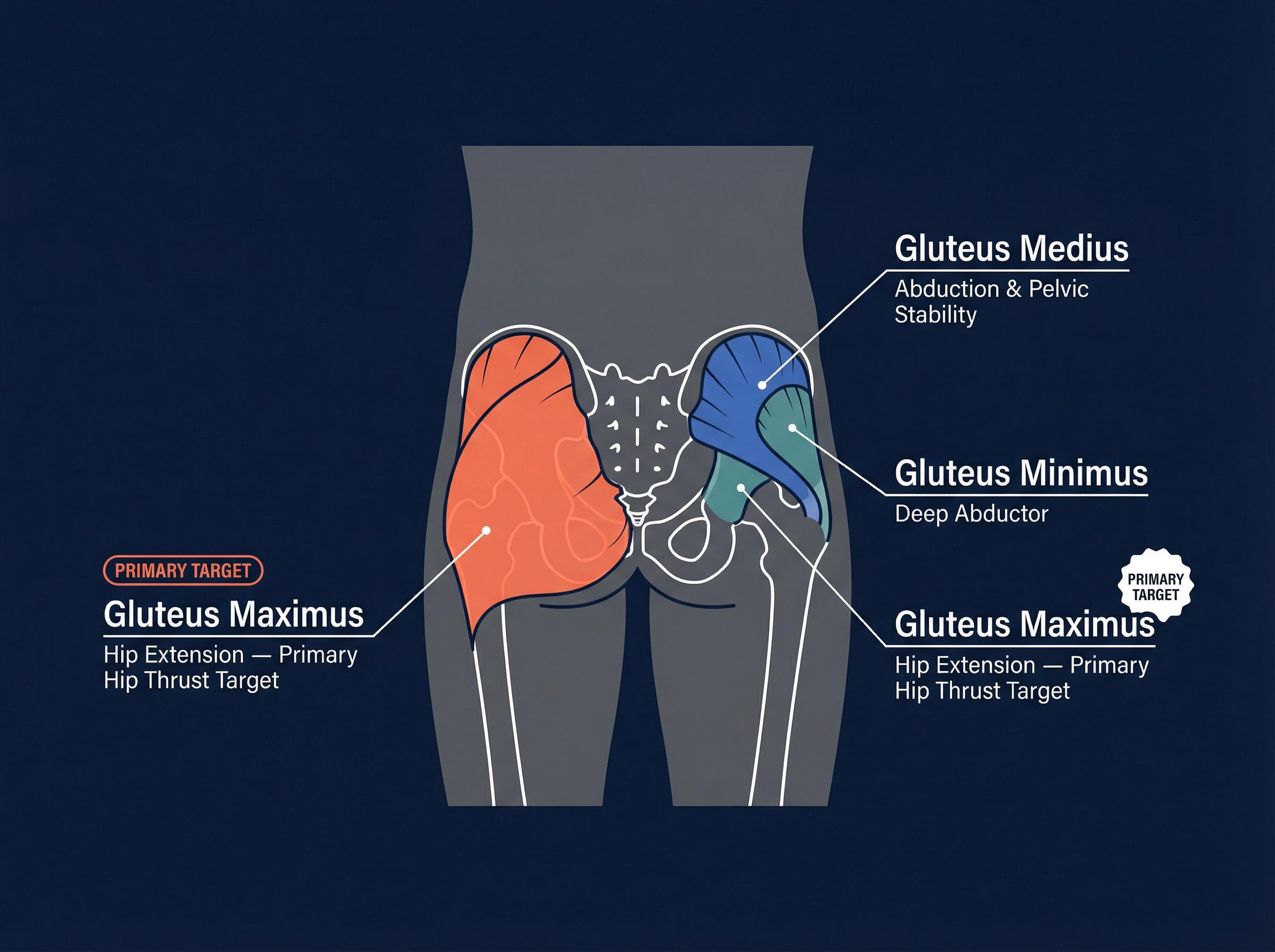 Anatomical diagram showing gluteus maximus, medius, and minimus with labels indicating hip thrust targets glute max primarily