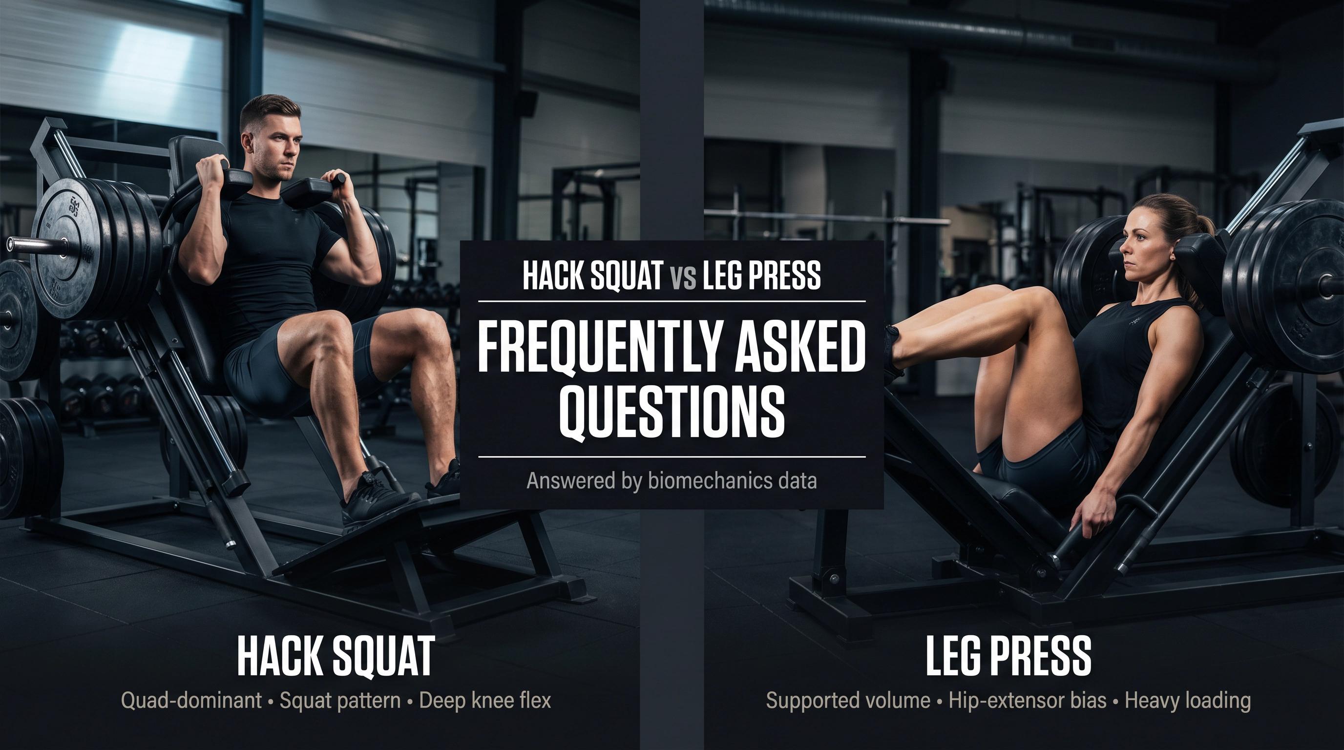 Side-by-side editorial split showing a lifter on a hack squat machine left and leg press machine right, with bold FAQ typography overlay