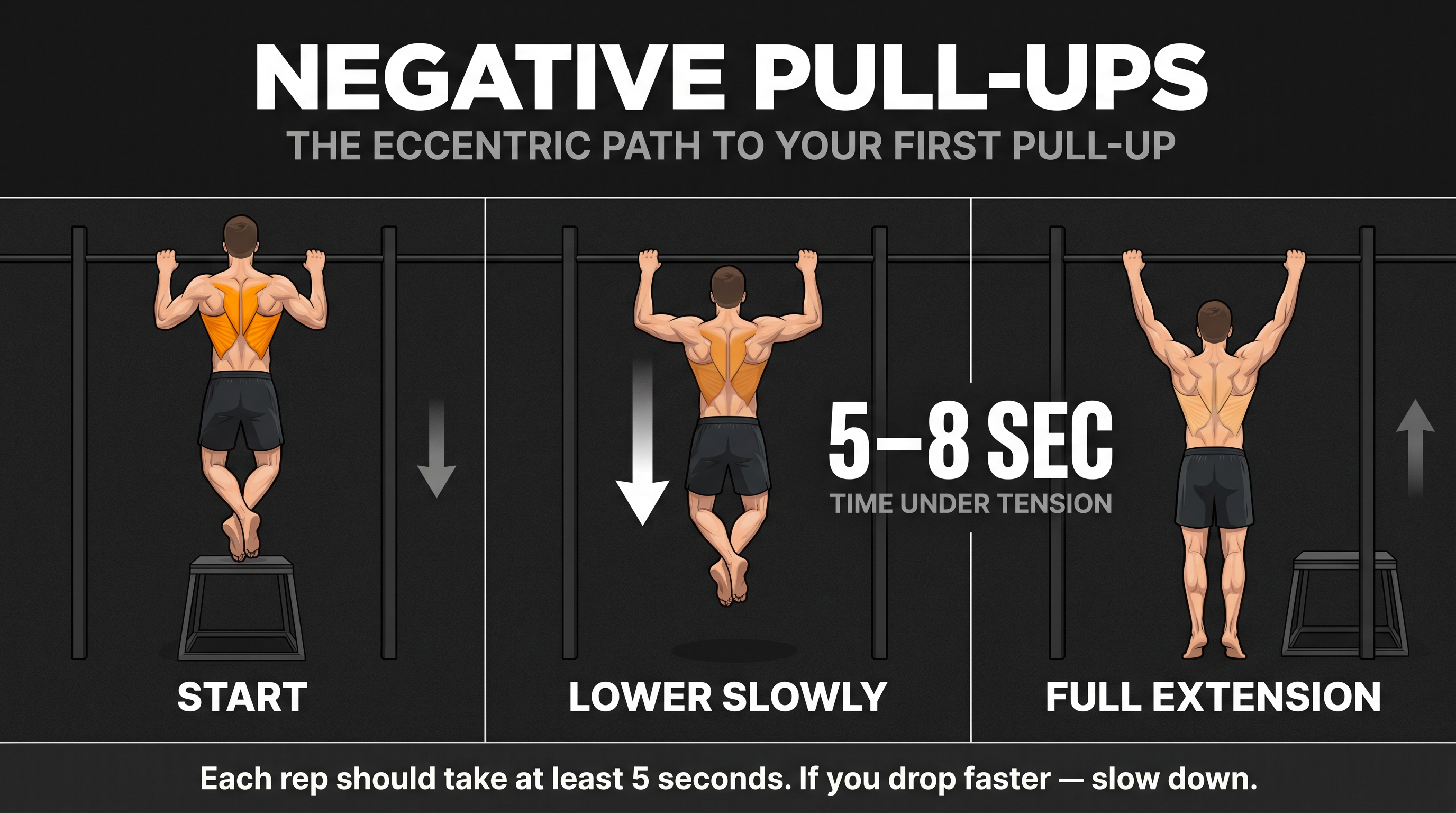 Three-panel storyboard showing negative pull-up phases: top position, slow descent, and full extension with 5-8 second timing cue