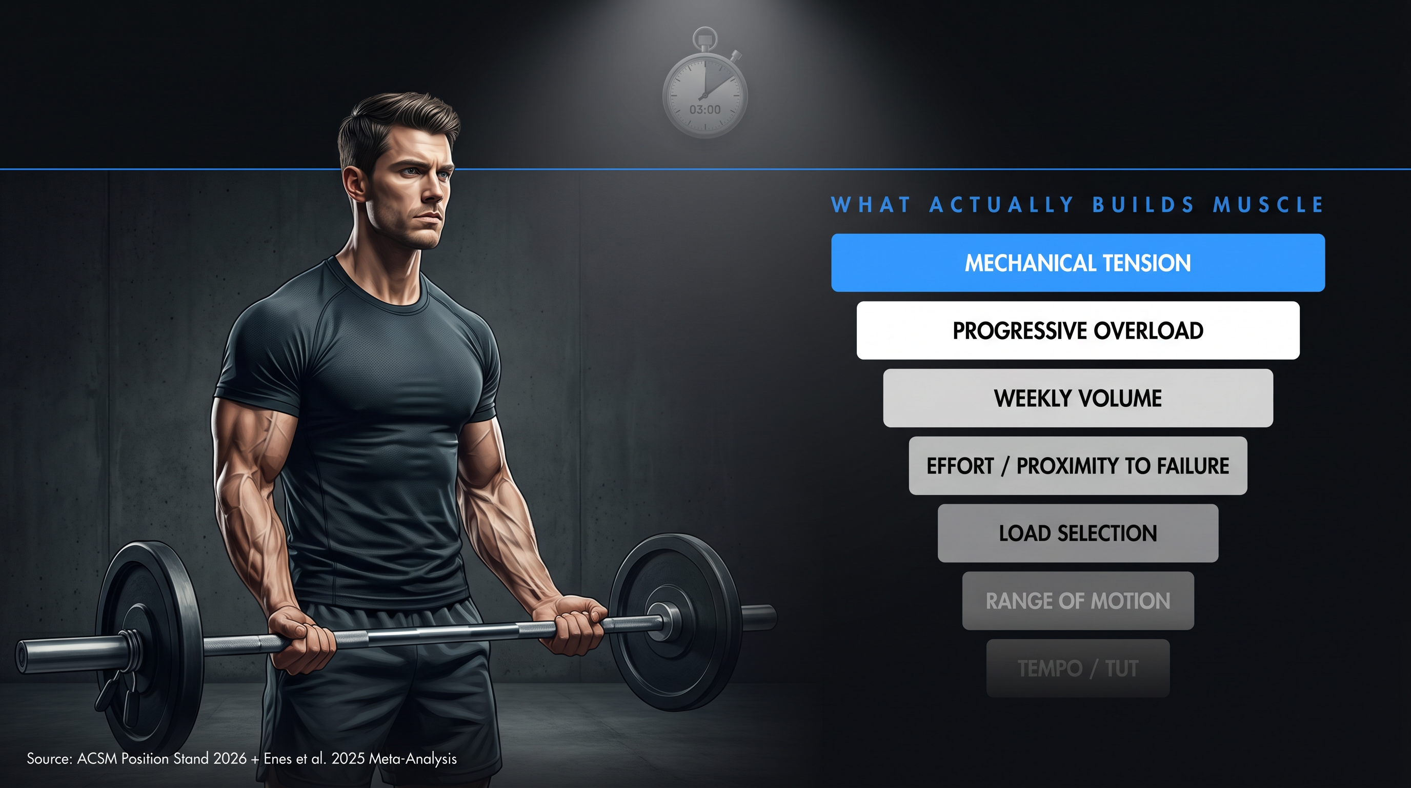 Editorial illustration of a lifter mid-rep with a priority hierarchy showing mechanical tension above time under tension
