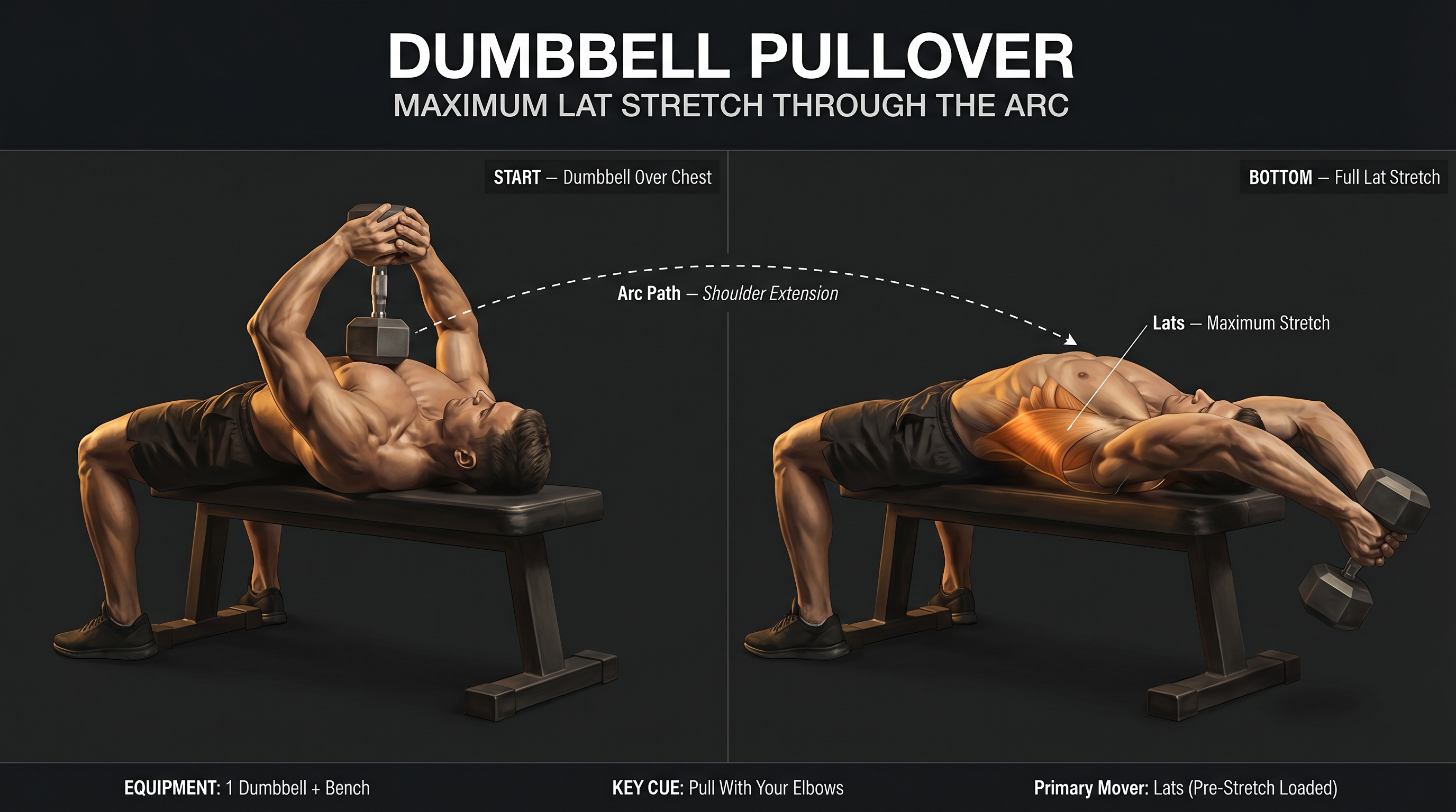 Split-panel editorial illustration of dumbbell pullover showing starting position and full lat-stretch position with movement arc and muscle overlay