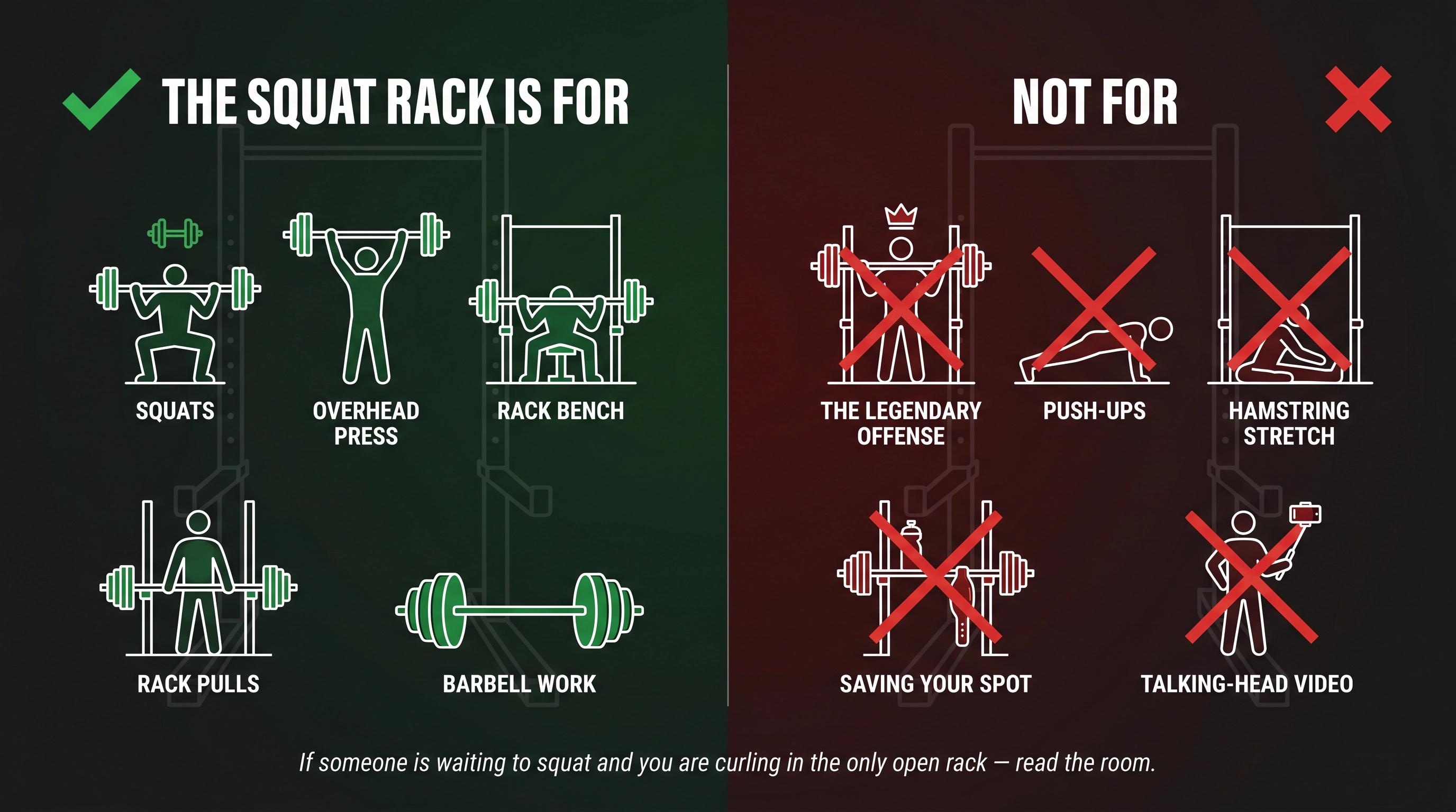 Split-panel illustration showing correct squat rack uses vs. common misuses like curls and stretching