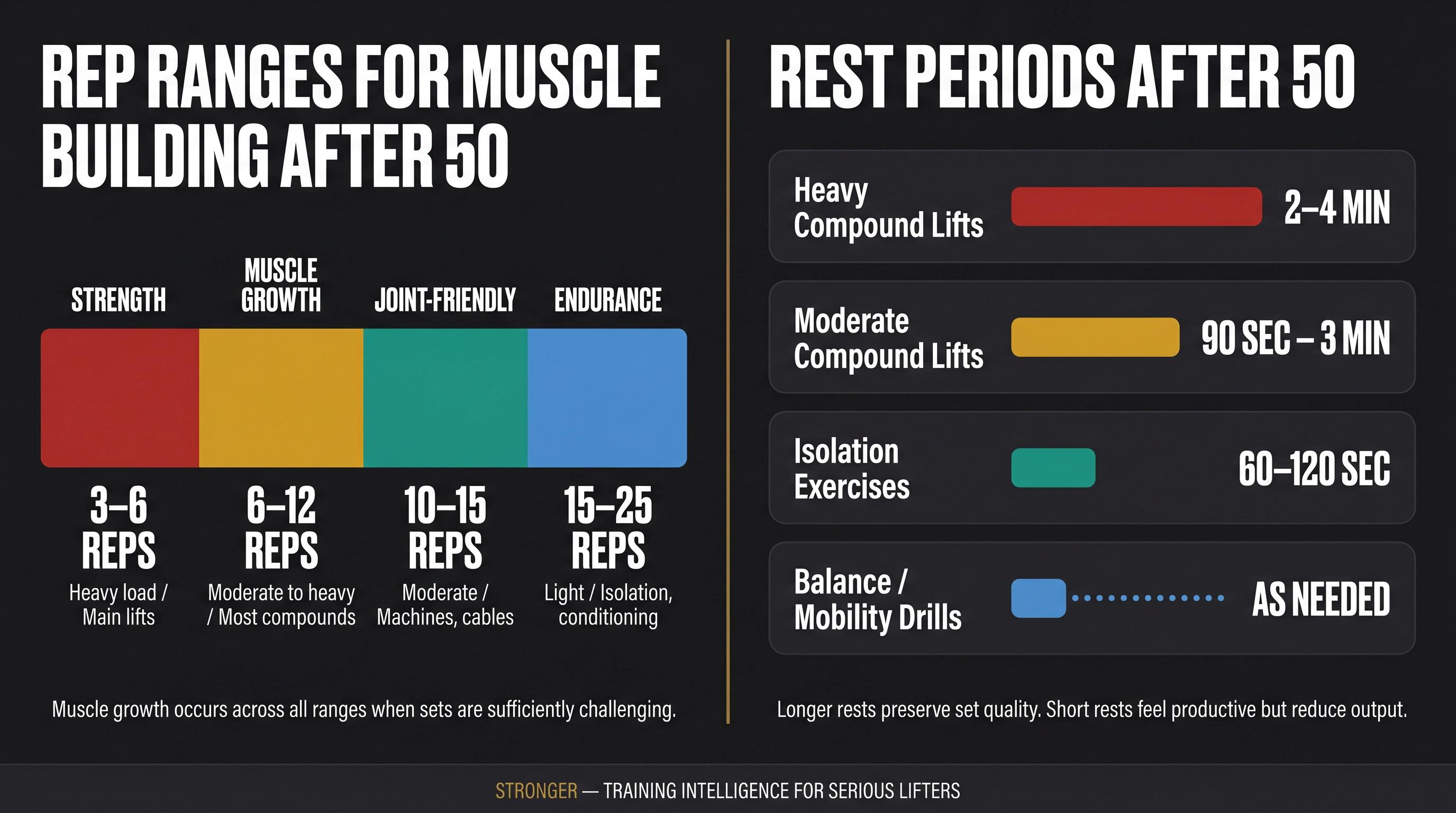 Dual-panel training reference graphic showing rep range zones and rest period guidelines for muscle building after 50