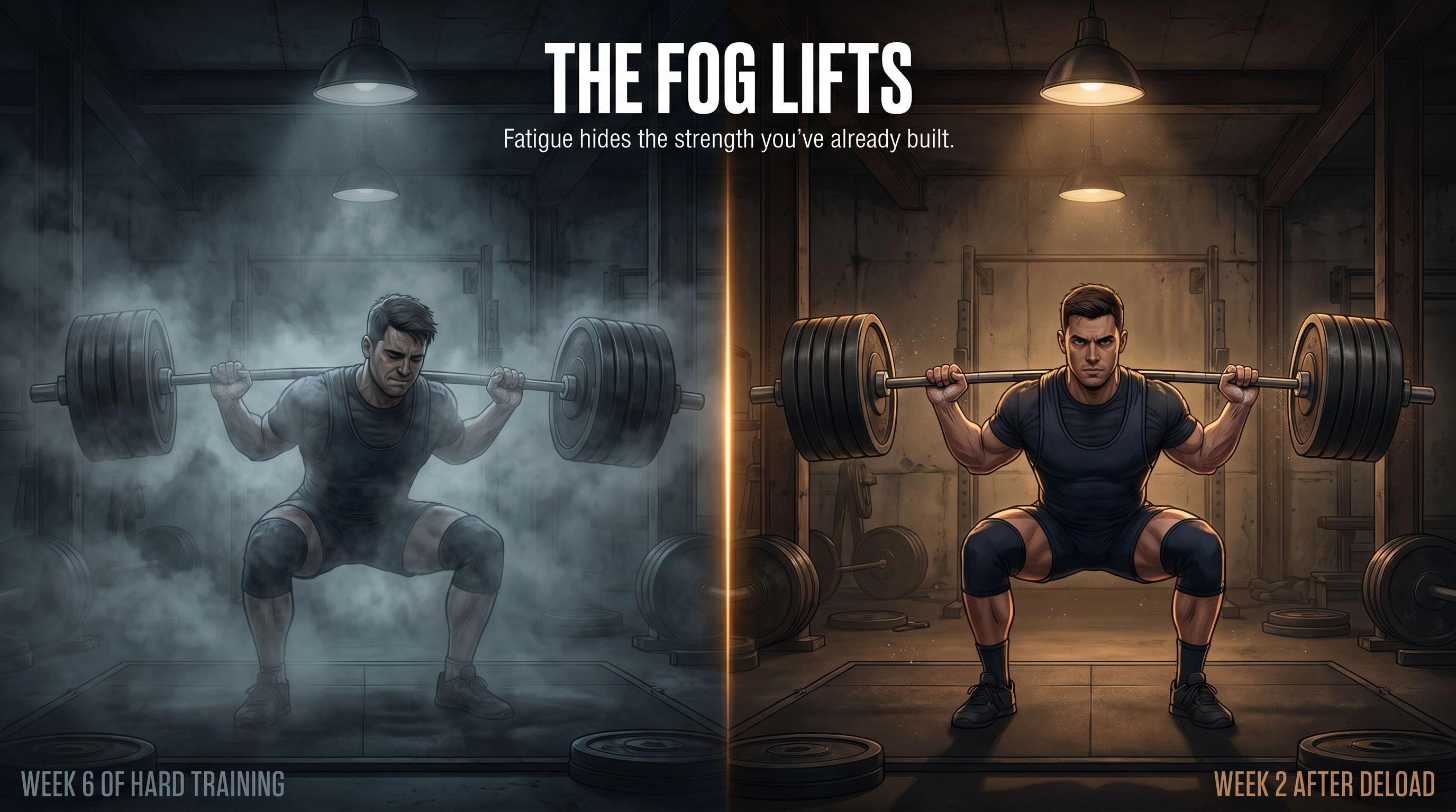 Split editorial illustration showing a lifter buried in fatigue fog versus the same lifter post-deload, strong and clear
