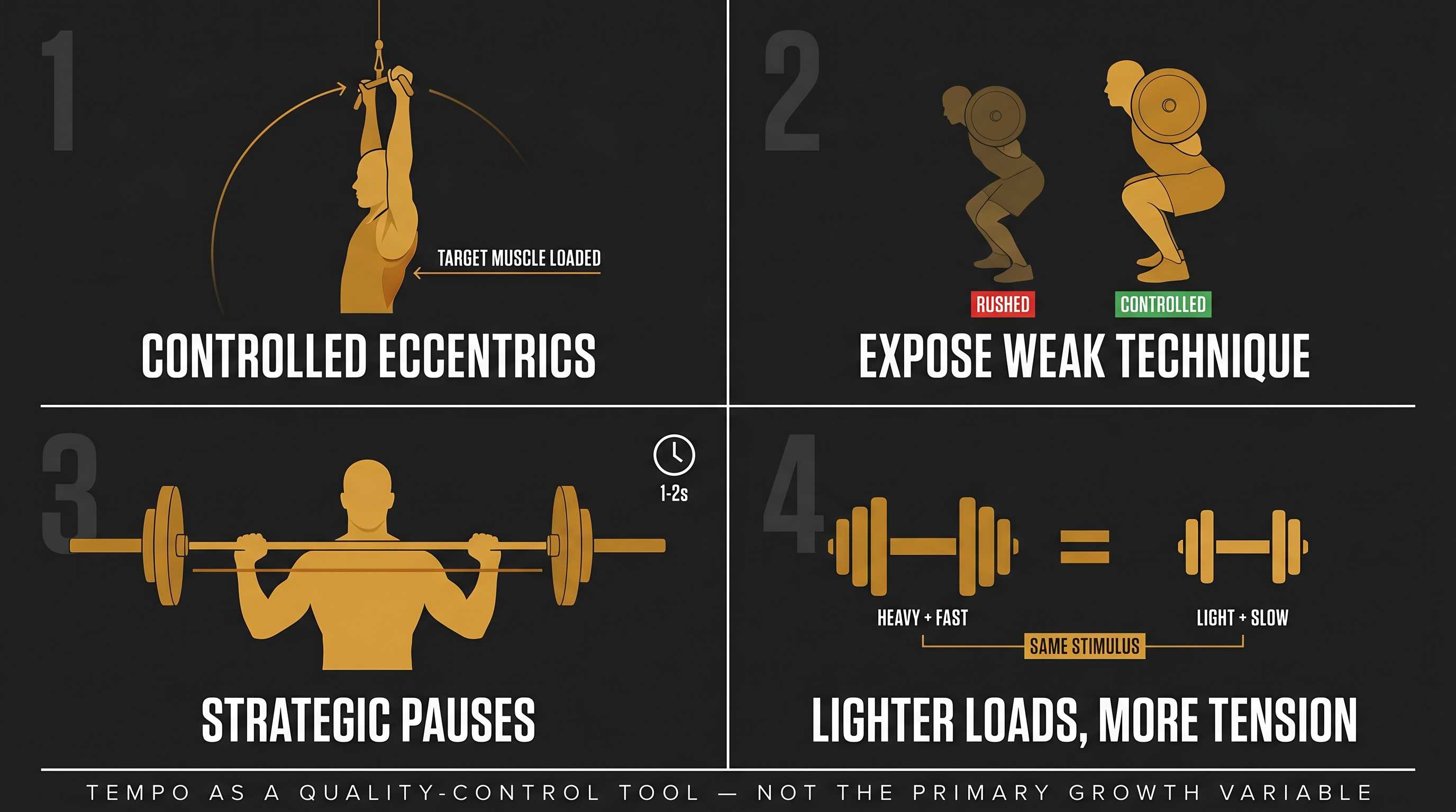 Four-panel diagram: when slow reps help — controlled eccentrics, technique exposure, strategic pauses, lighter load training