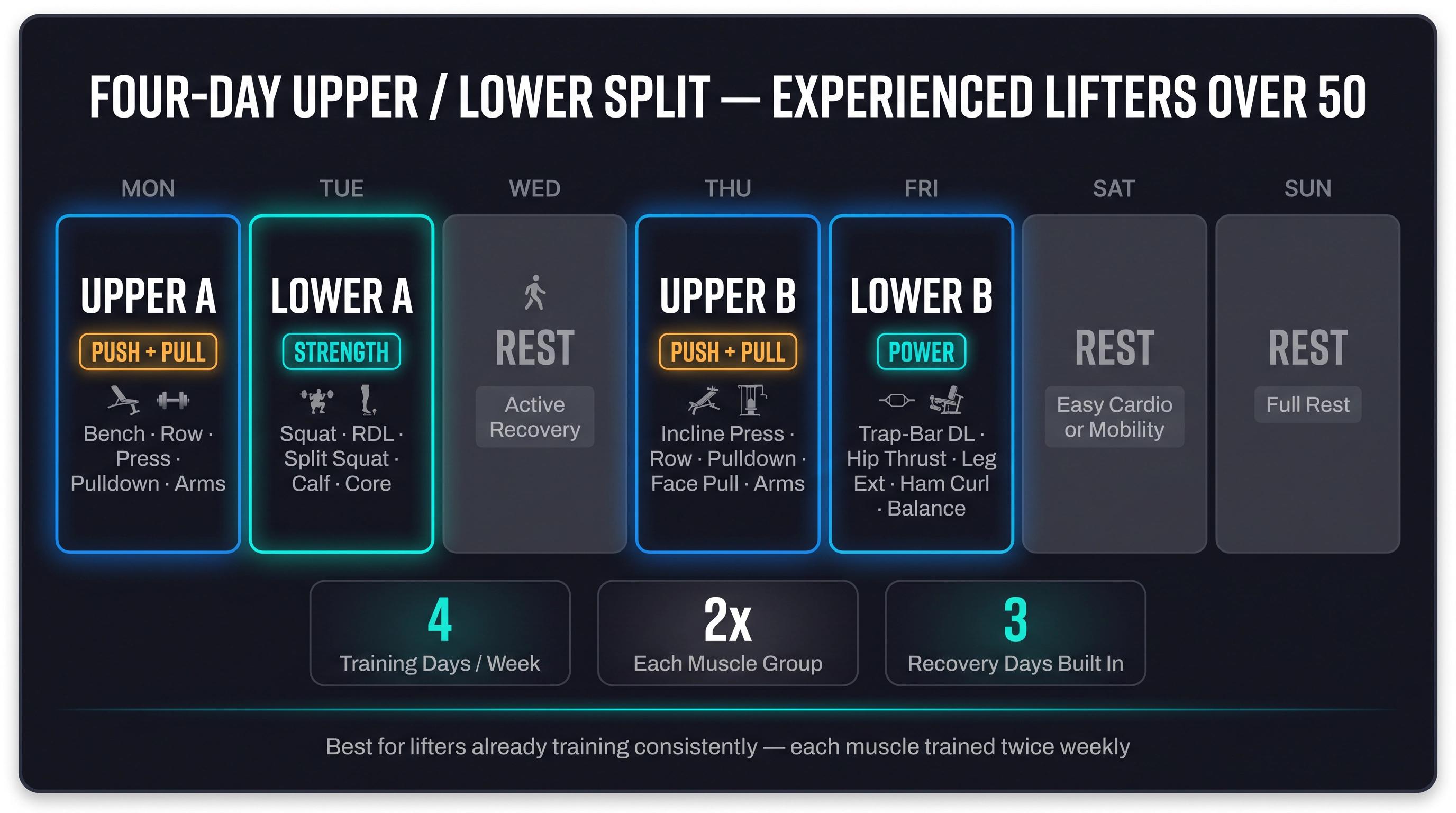 Four-day upper/lower training split weekly schedule showing Mon Upper A, Tue Lower A, Thu Upper B, Fri Lower B for lifters over 50
