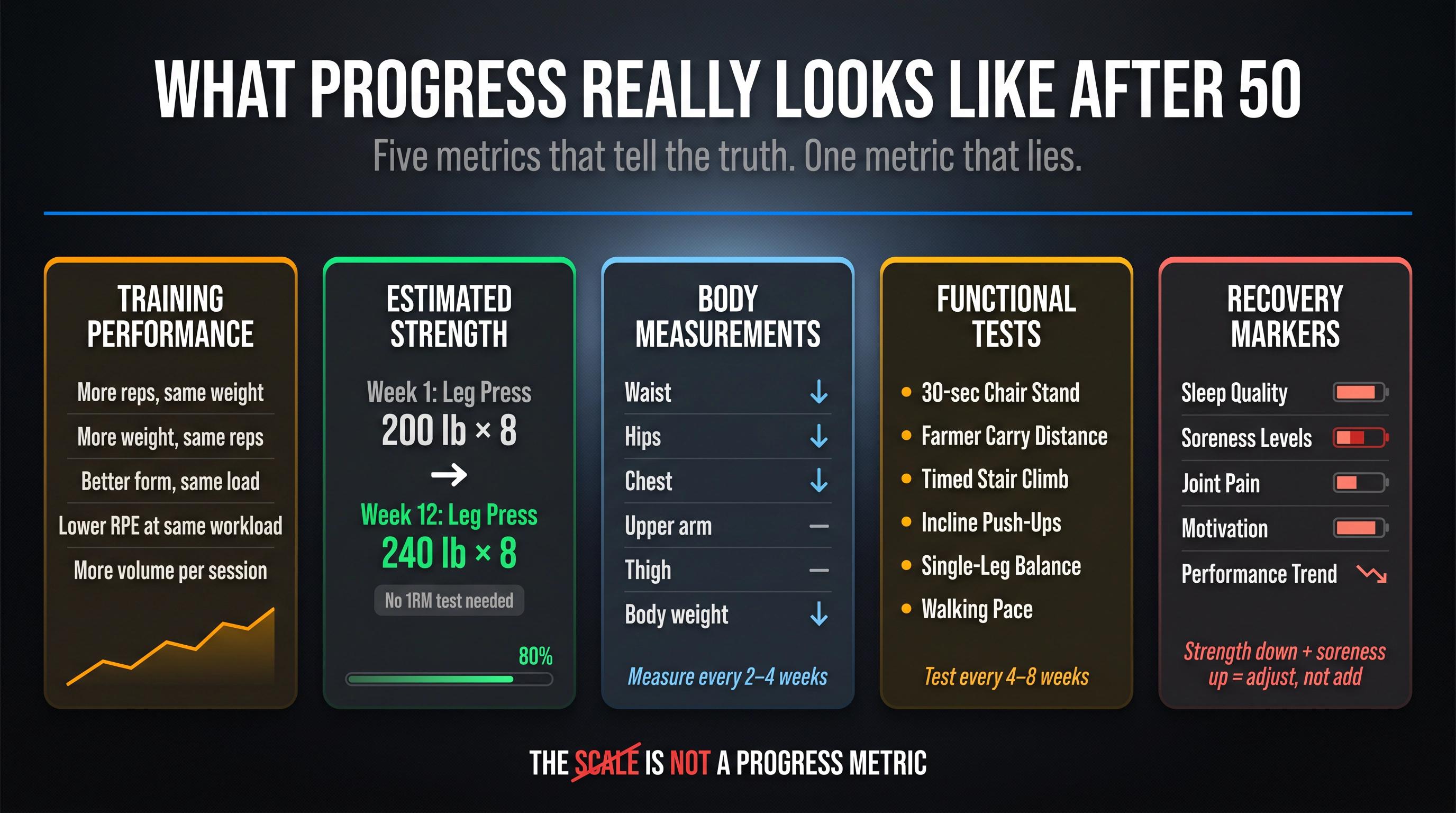 Five-category progress tracking dashboard for lifters over 50 showing training performance, strength, measurements, functional tests, and recovery markers