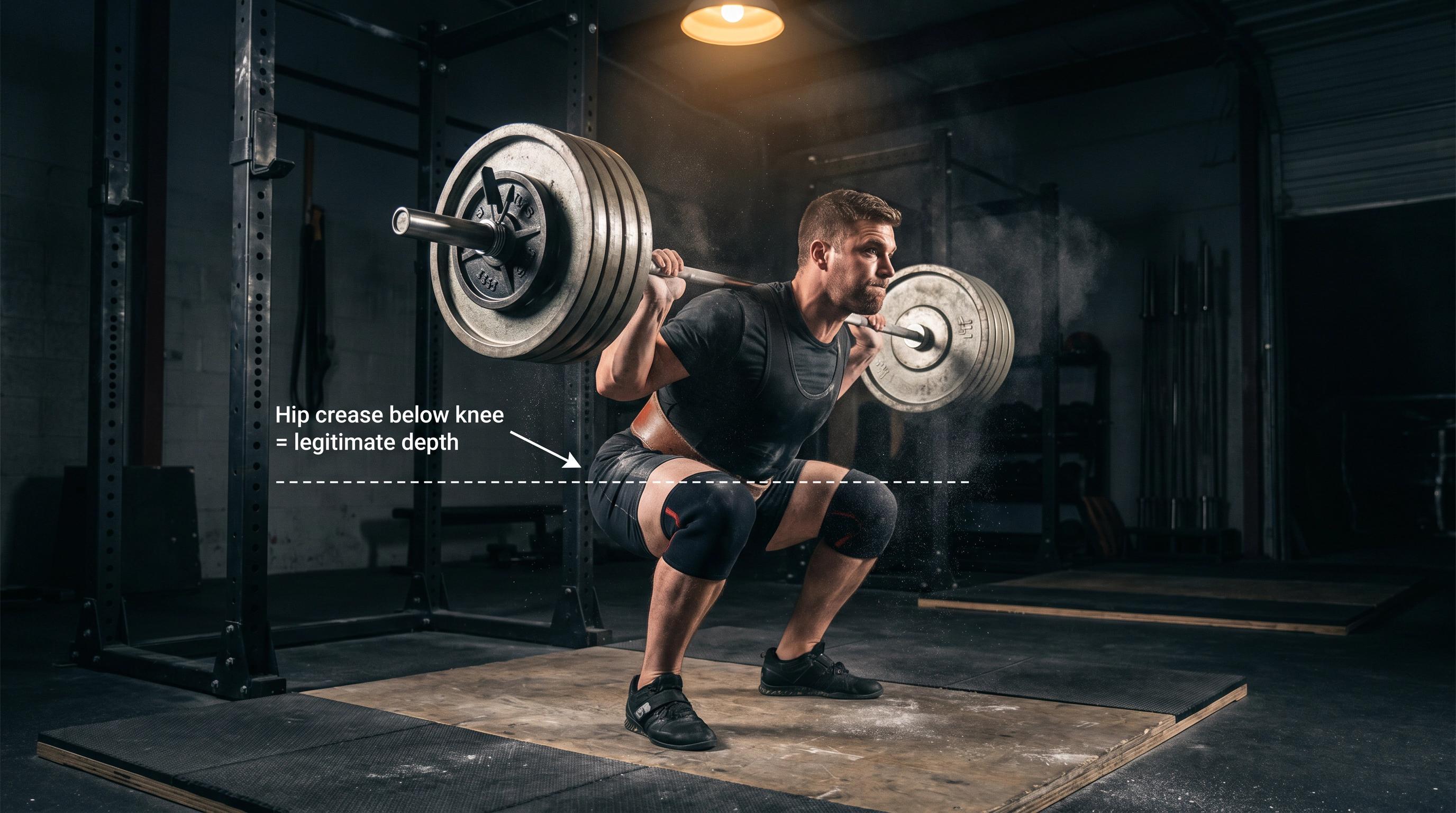 Powerlifter at the bottom of a barbell back squat showing hip crease below knee — the legitimate depth requirement