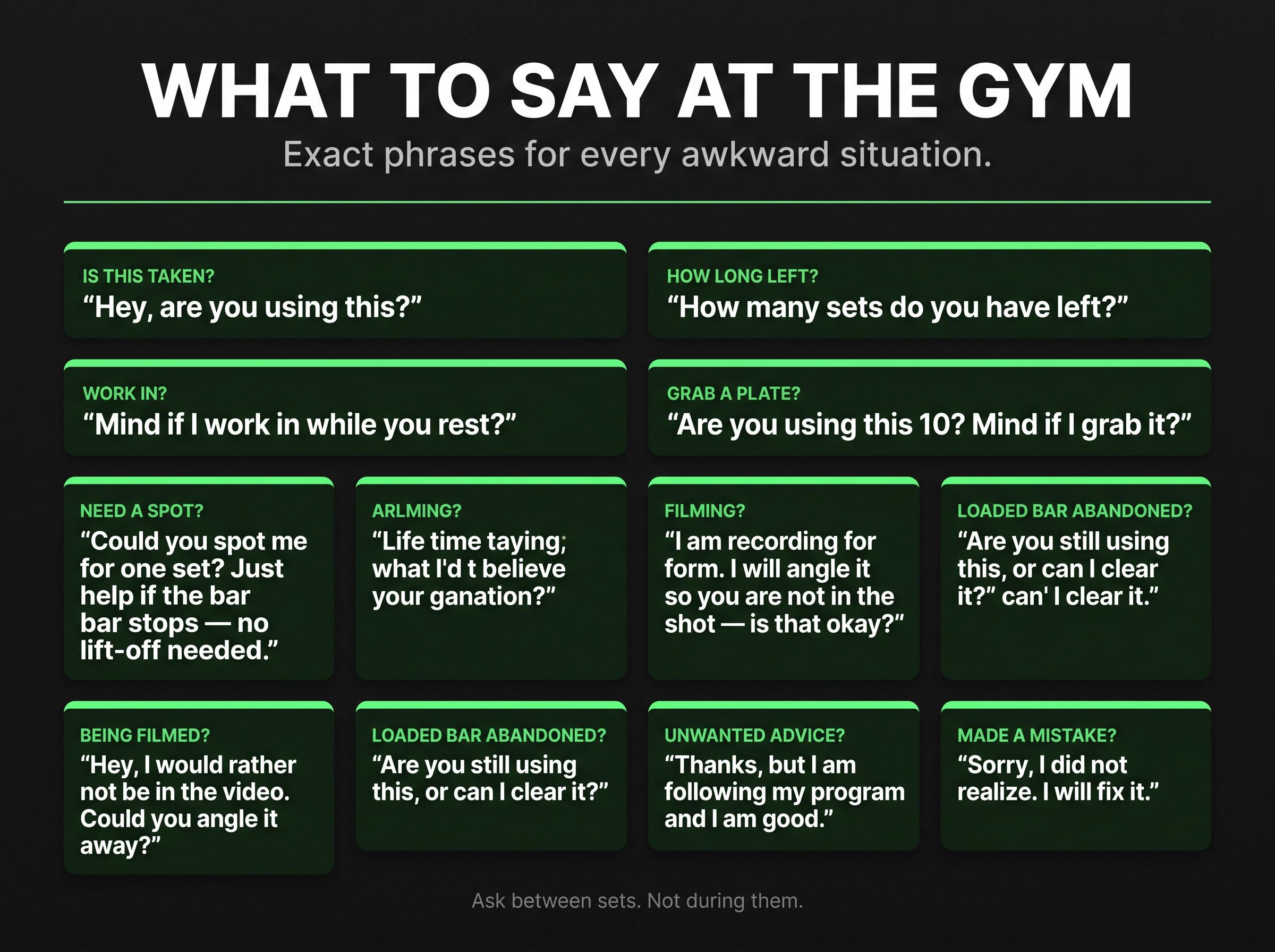 Dark typographic poster showing 10 exact gym conversation scripts organized in a bold visual cheat-sheet grid