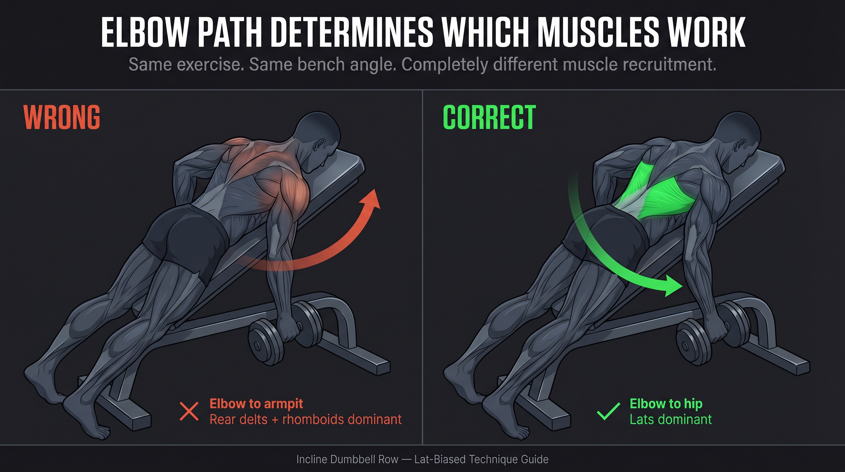 Split-panel diagram showing wrong elbow-to-armpit path vs. correct elbow-to-hip path on the incline dumbbell row