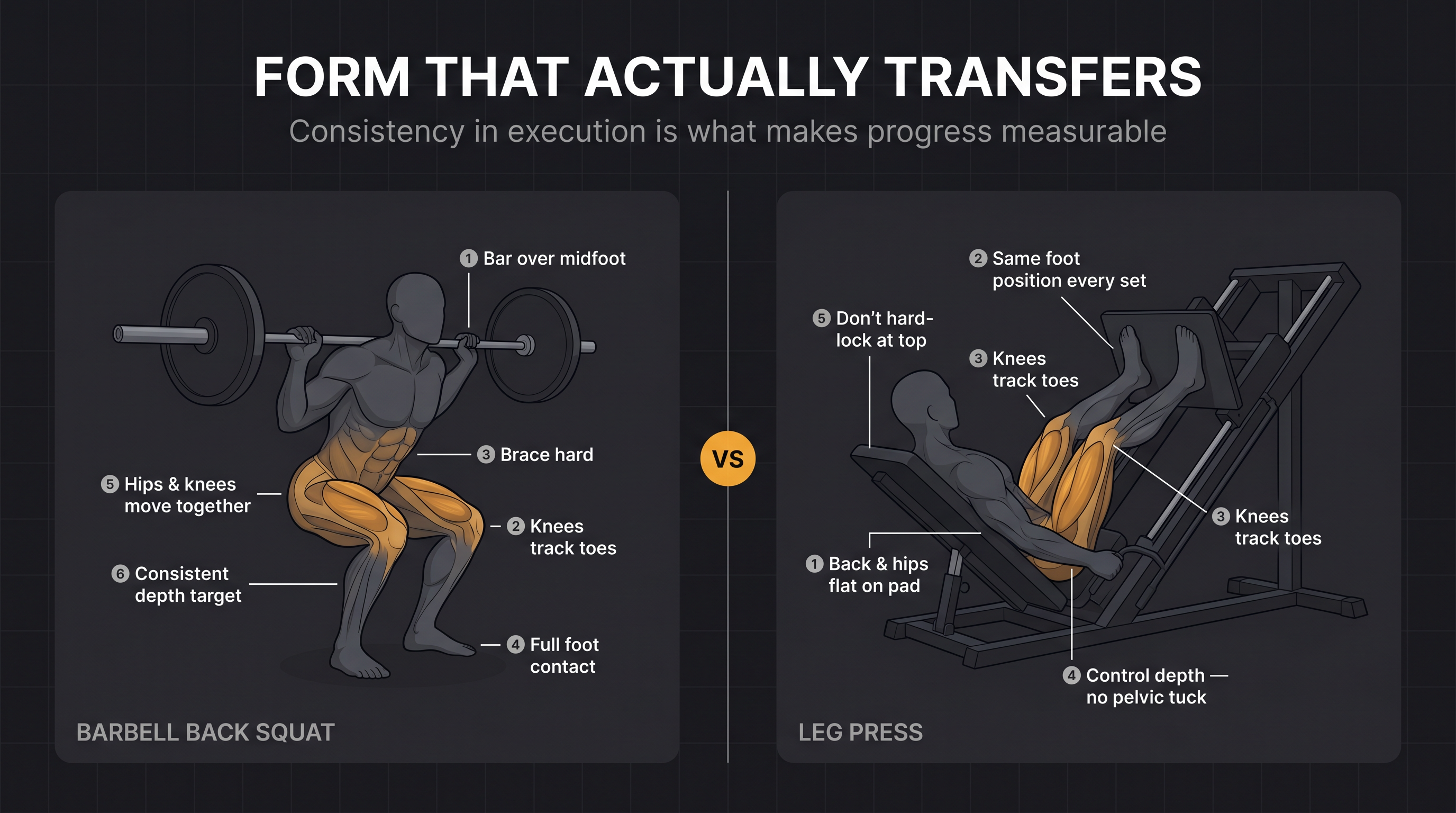 Side-by-side anatomical diagram showing correct barbell squat form cues vs leg press setup cues for gym lifters