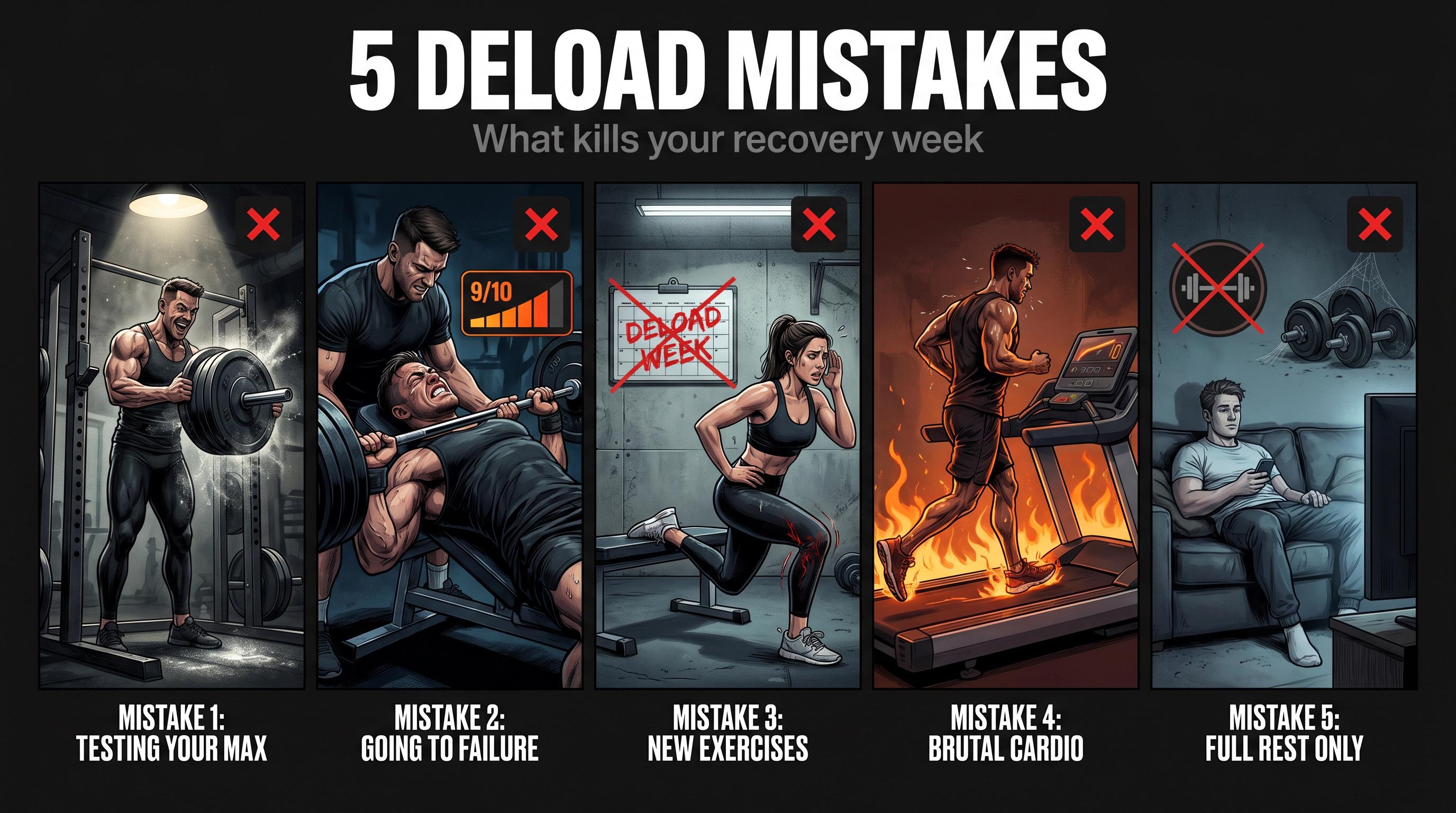 Five-panel illustration of common deload week mistakes: maxing out, going to failure, new exercises, brutal cardio, and full rest