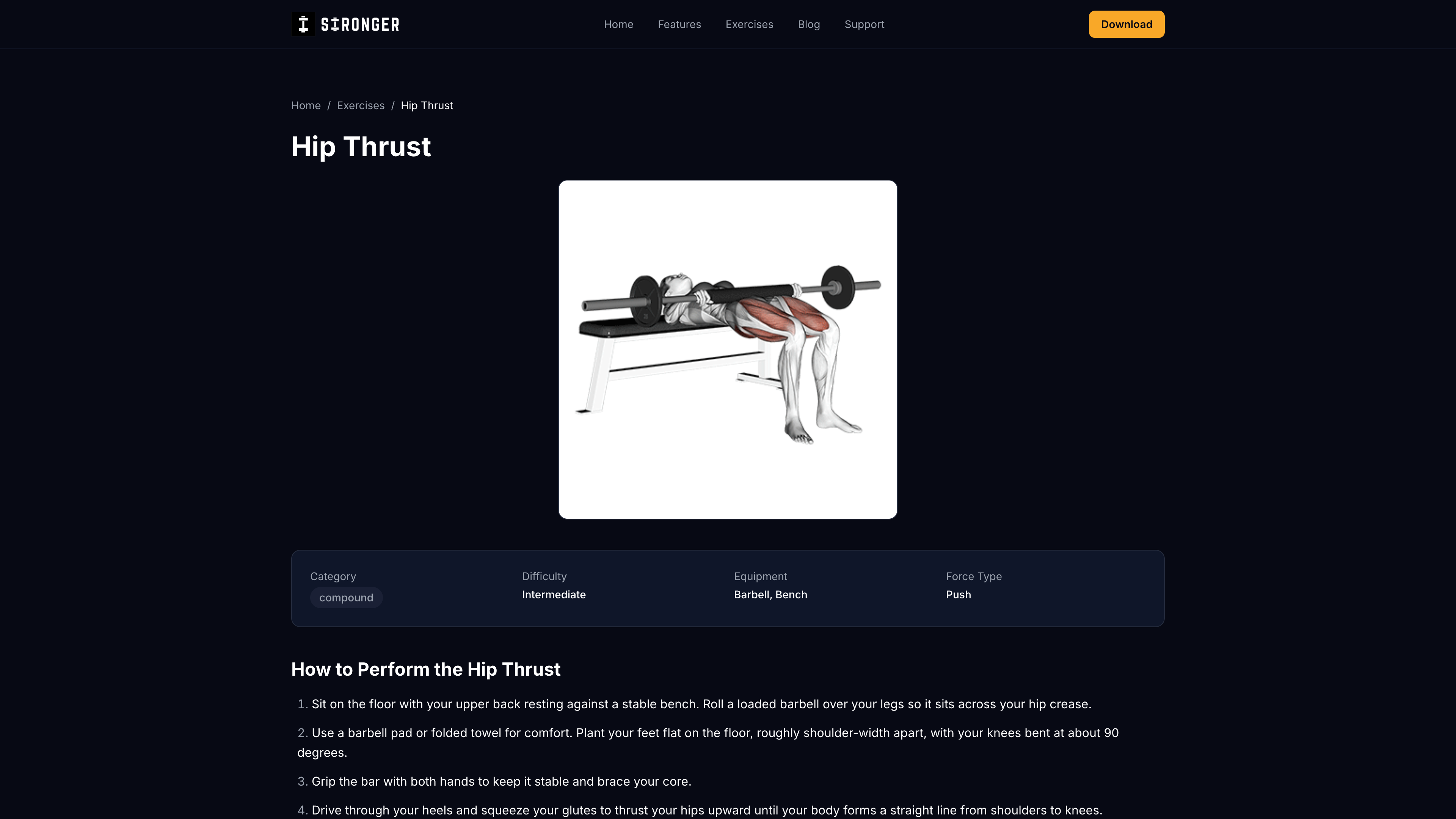 Stronger app hip thrust exercise page showing muscle targeting map, execution cues, and set/rep guidance