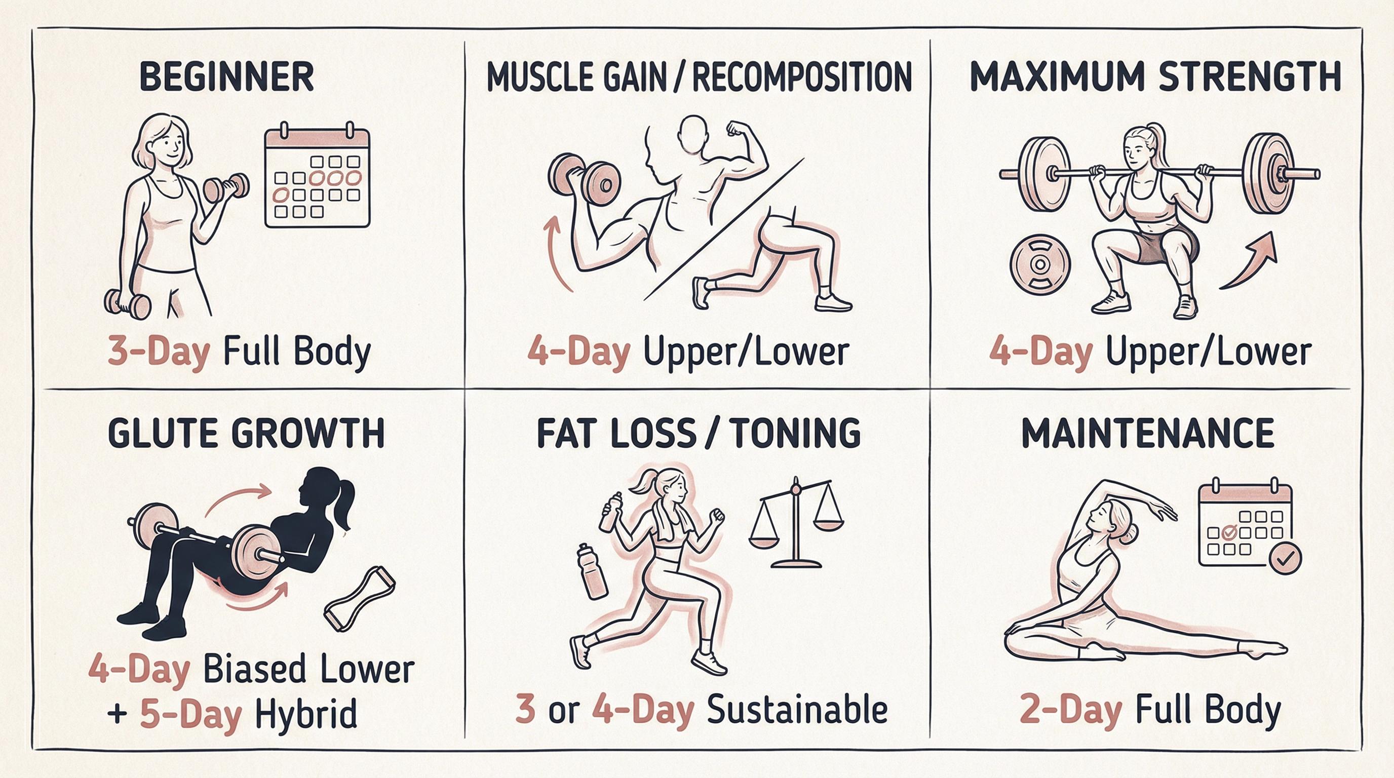 Visual reference card showing six women's fitness goals paired with their ideal workout splits, from beginner full body to advanced glute hybrid