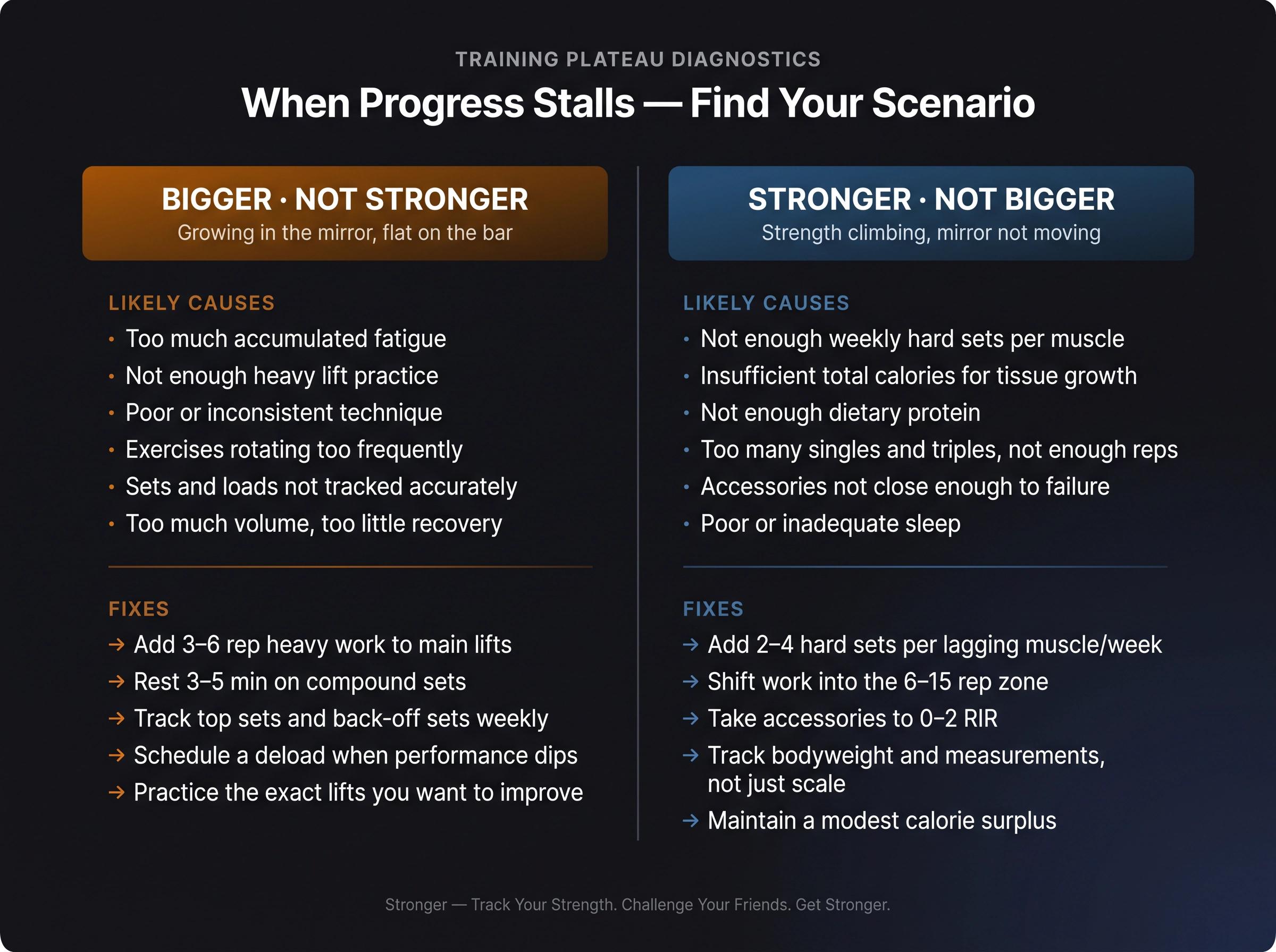 Two-column training plateau diagnostic card: causes and fixes for getting bigger but not stronger vs stronger but not bigger