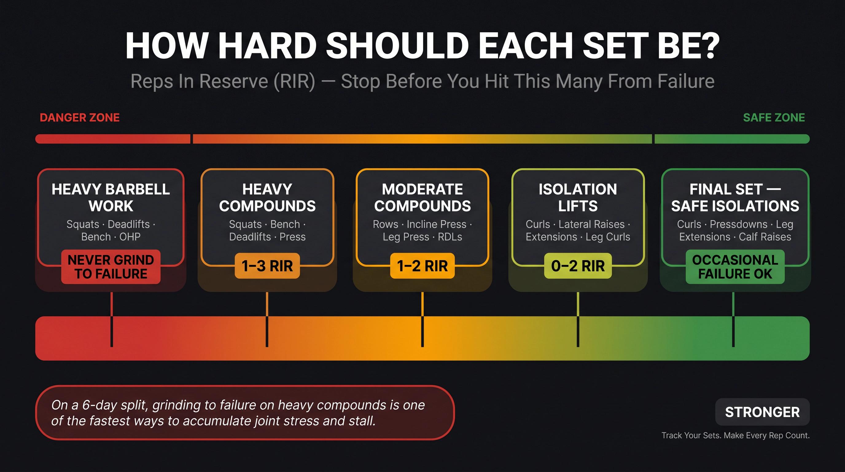 RIR effort spectrum diagram showing five exercise categories from heavy barbell compounds (never to failure) to safe isolations (occasional failure OK)