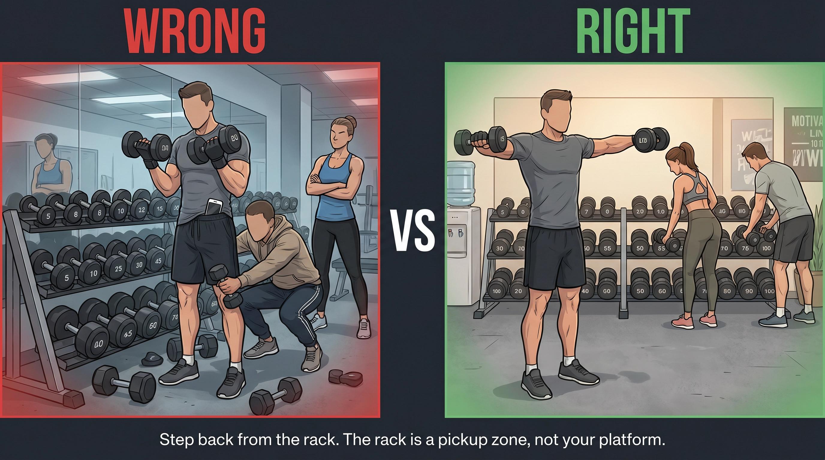 Split illustration comparing wrong vs right dumbbell rack behavior: blocking the rack vs stepping back to lift