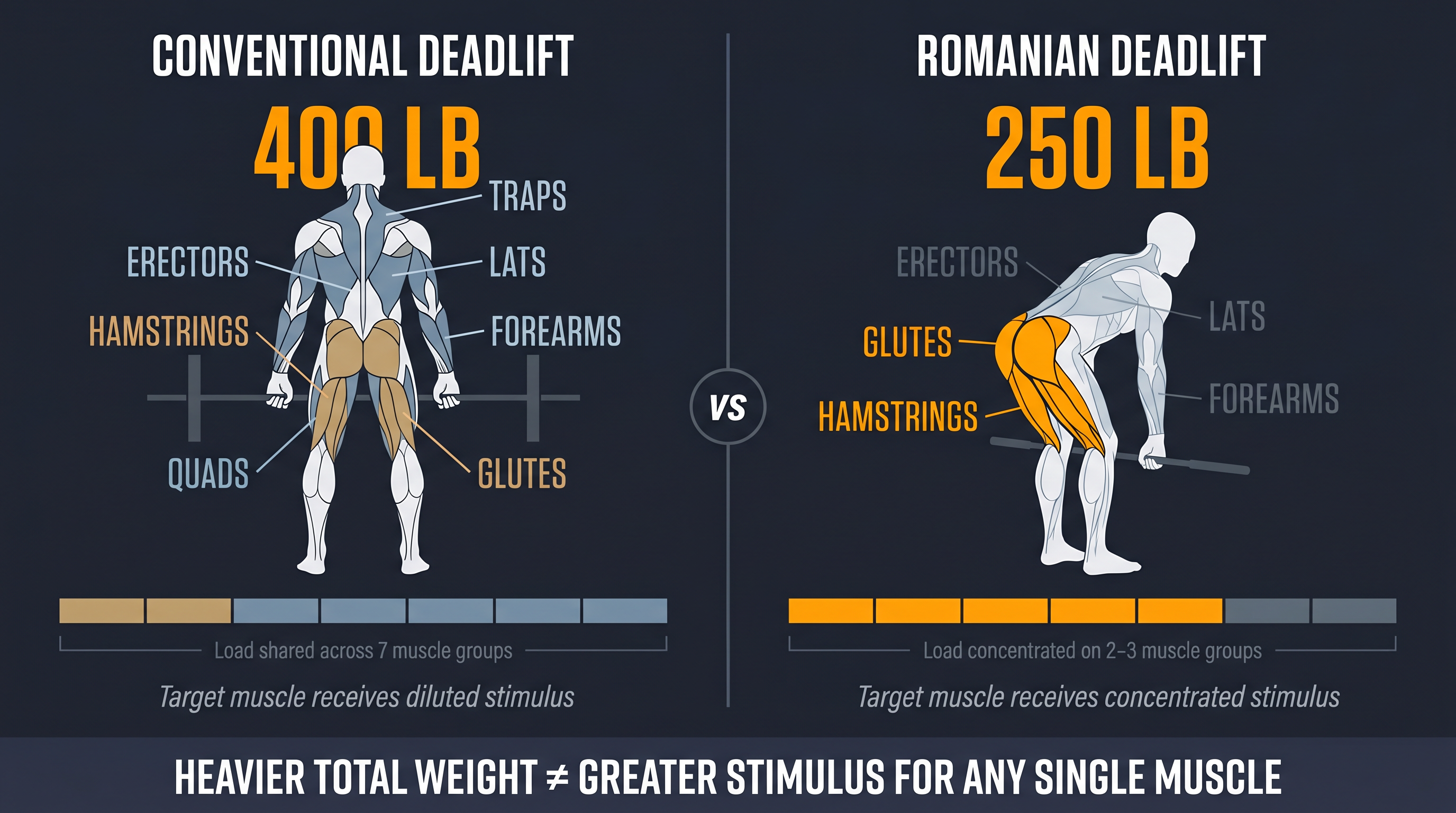 Side-by-side diagram showing how a 400 lb deadlift dilutes load across 7 muscles vs a 250 lb RDL concentrating tension on hamstrings and glutes