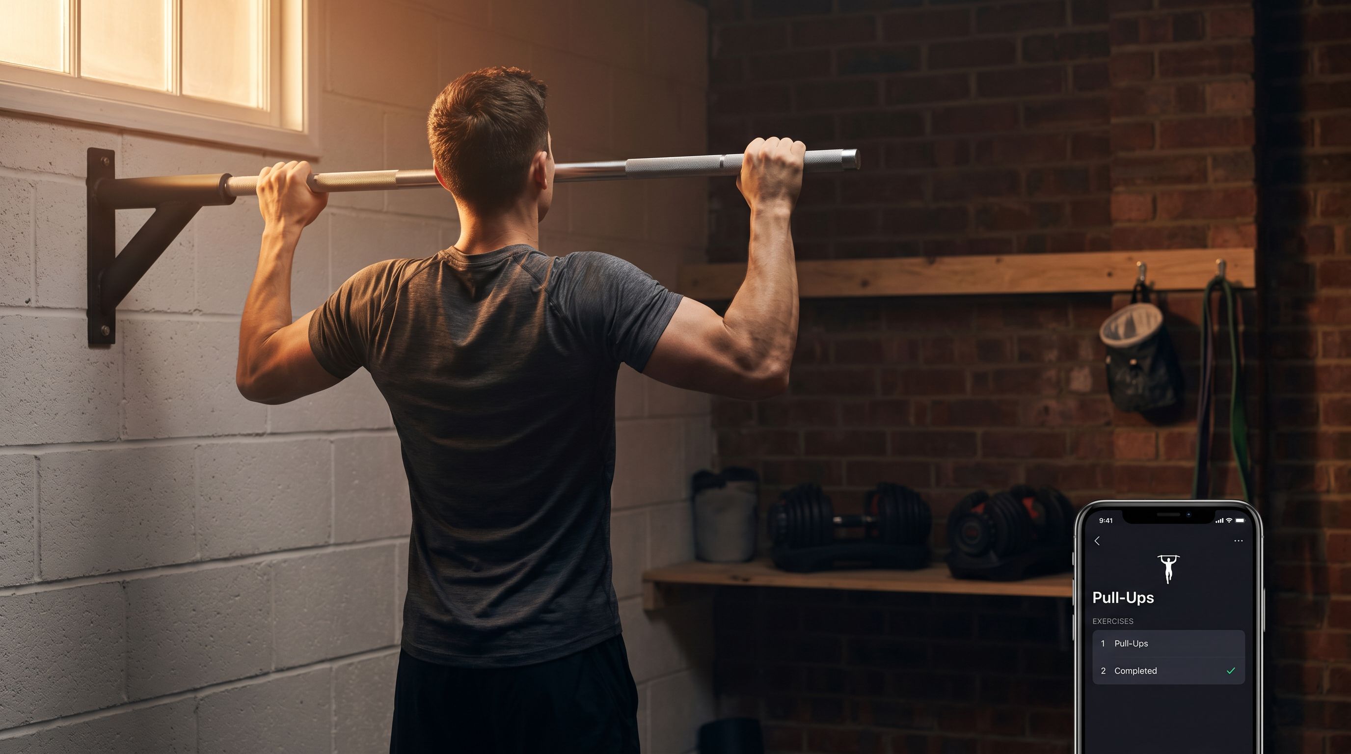 Serious home gym athlete at peak pull-up contraction with Stronger app visible on phone nearby, editorial fitness photography style