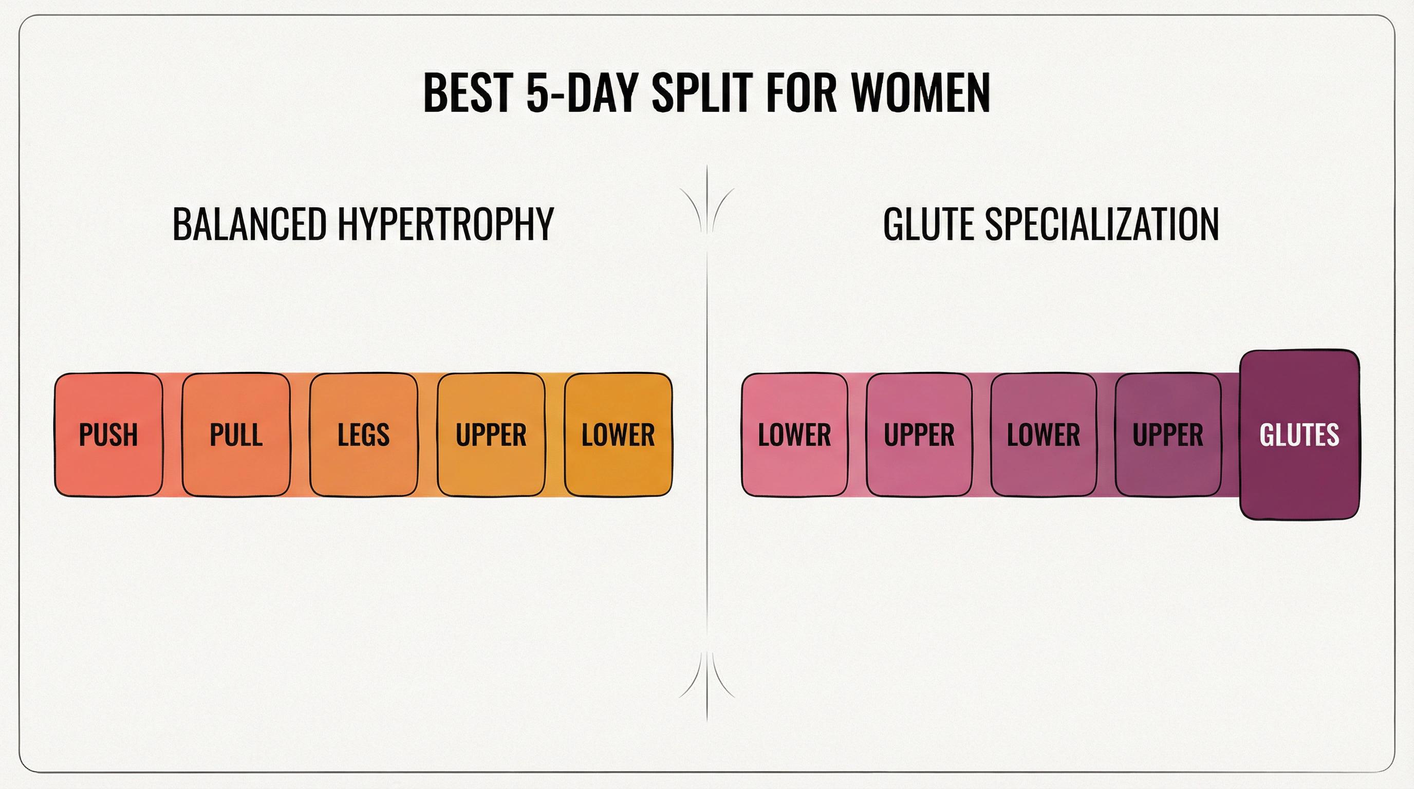 Two 5-day workout split structures for women shown as color-coded weekly day blocks: balanced hypertrophy vs glute specialization layouts