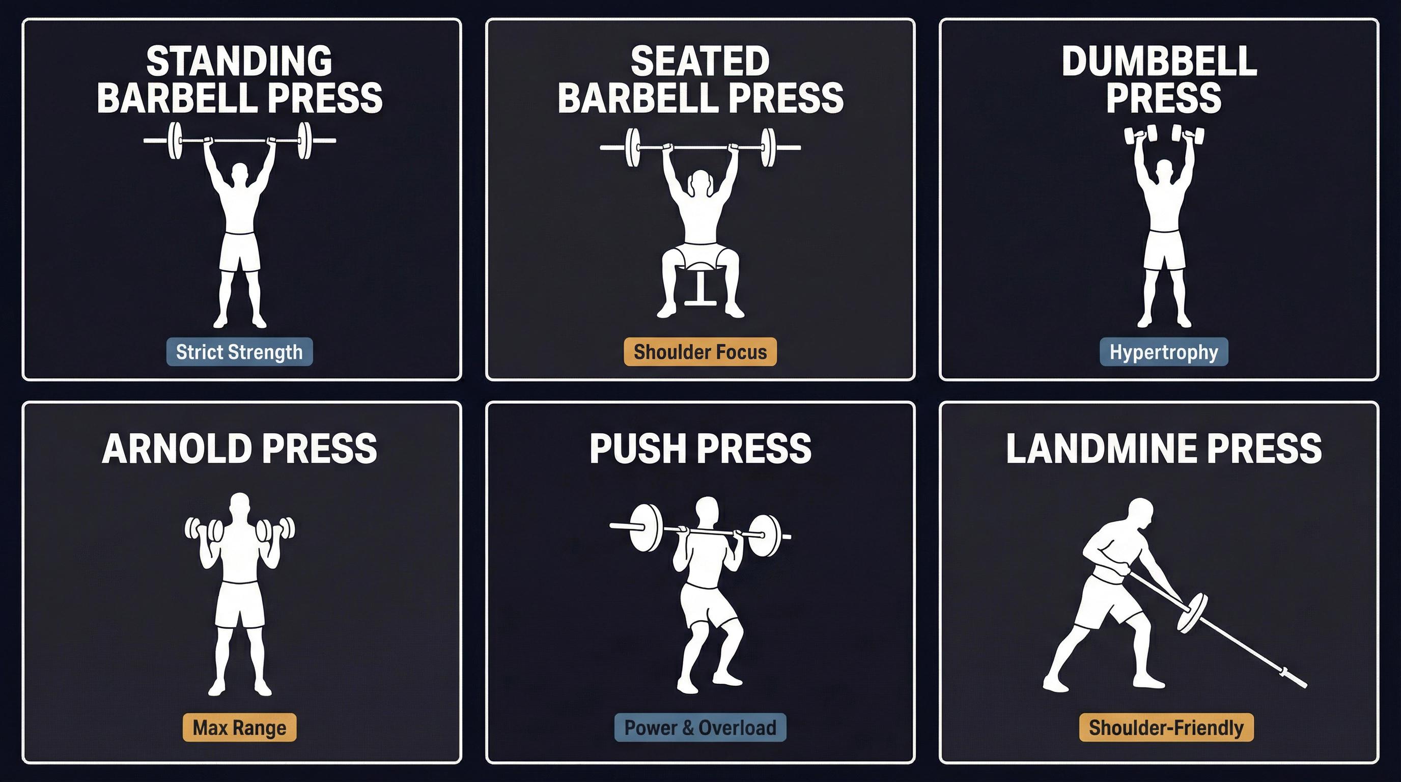Six overhead press variations comparison grid: standing barbell, seated barbell, dumbbell, Arnold, push press, and landmine press with key benefits