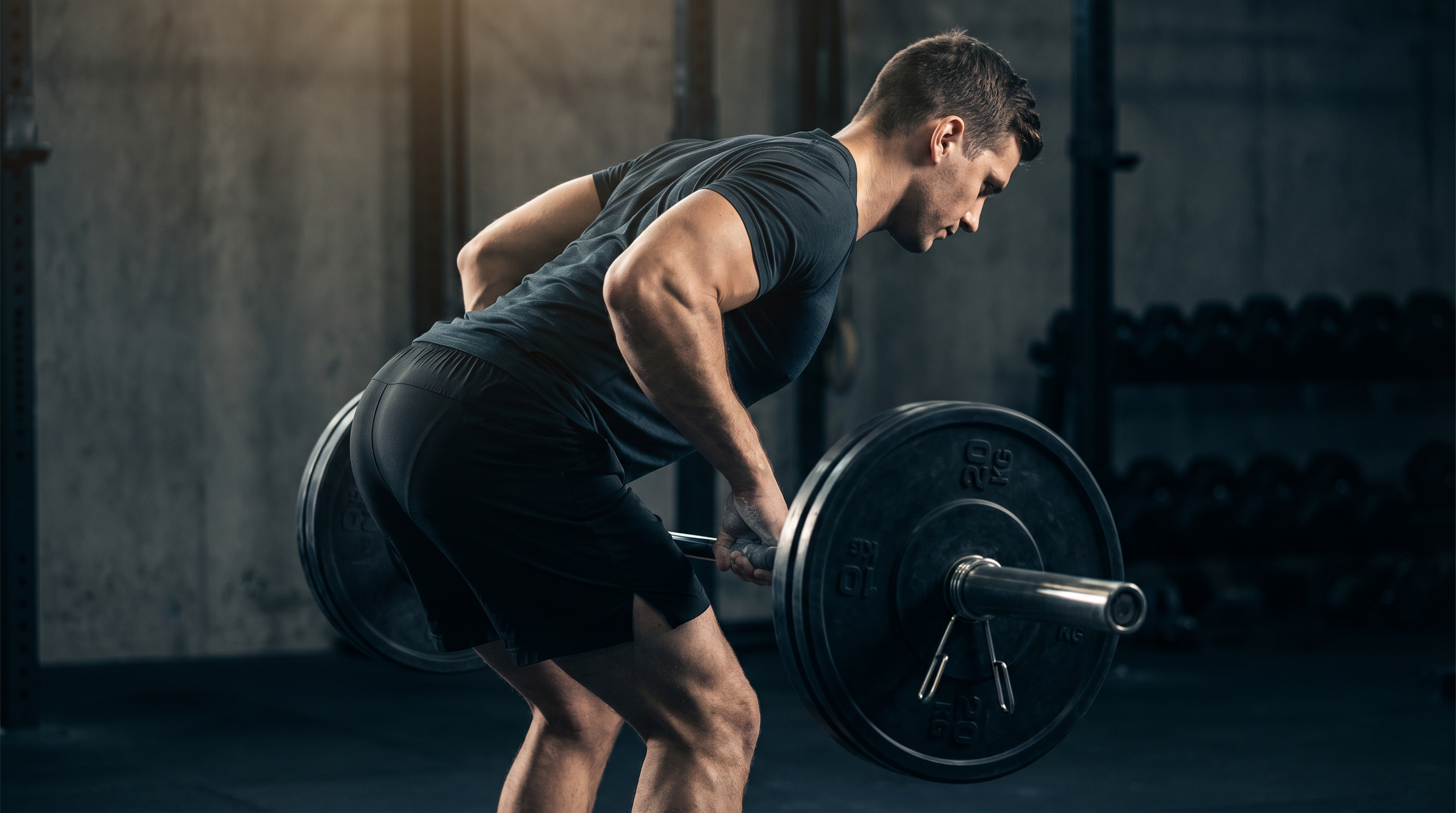 Lifter performing a barbell row with perfect form — neutral spine, elbows driving back, bar close to the body in a hip hinge position