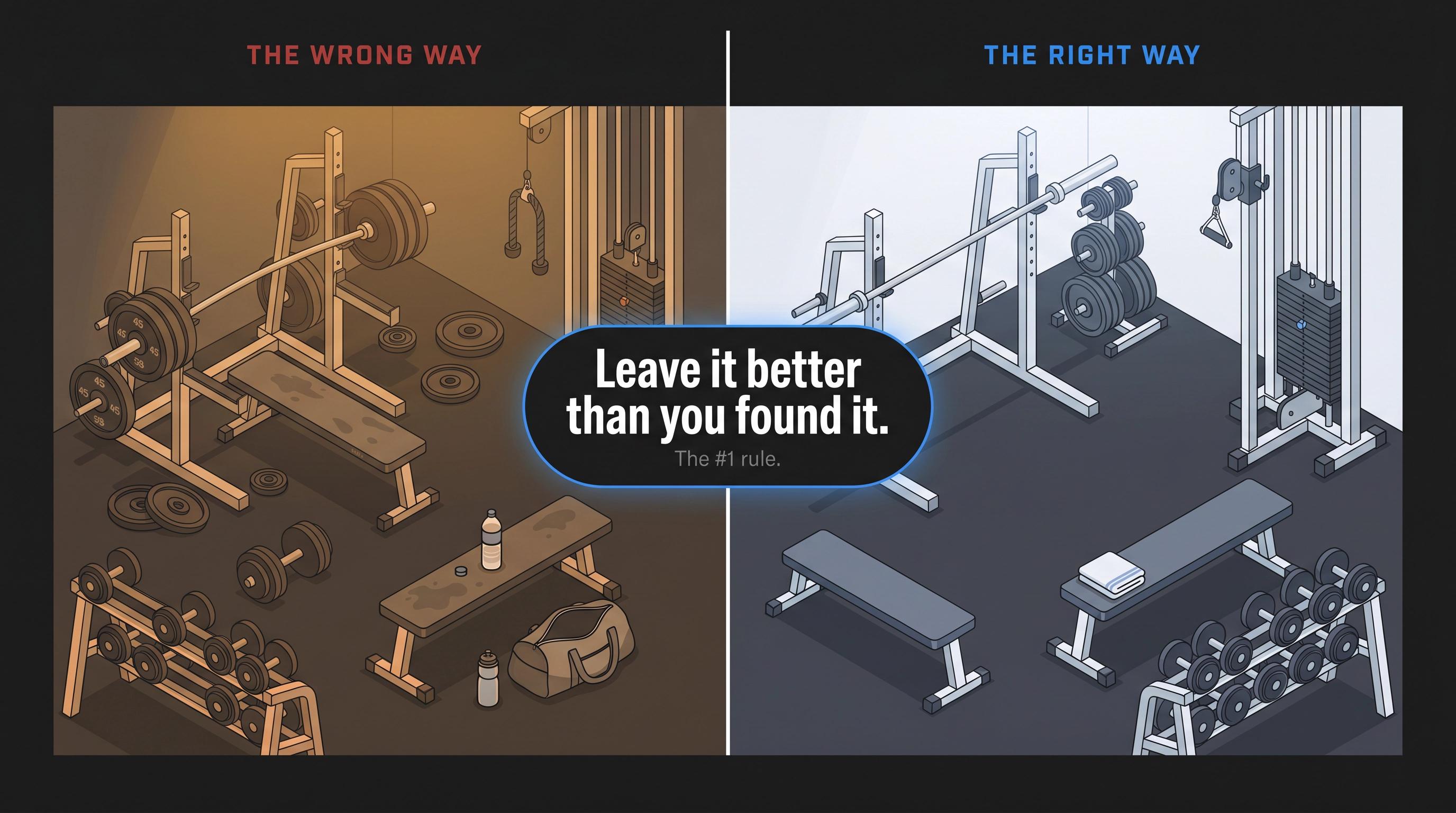 Split-panel gym illustration: left side shows etiquette violations like loaded bars and messy weights; right side shows a clean re-racked gym floor