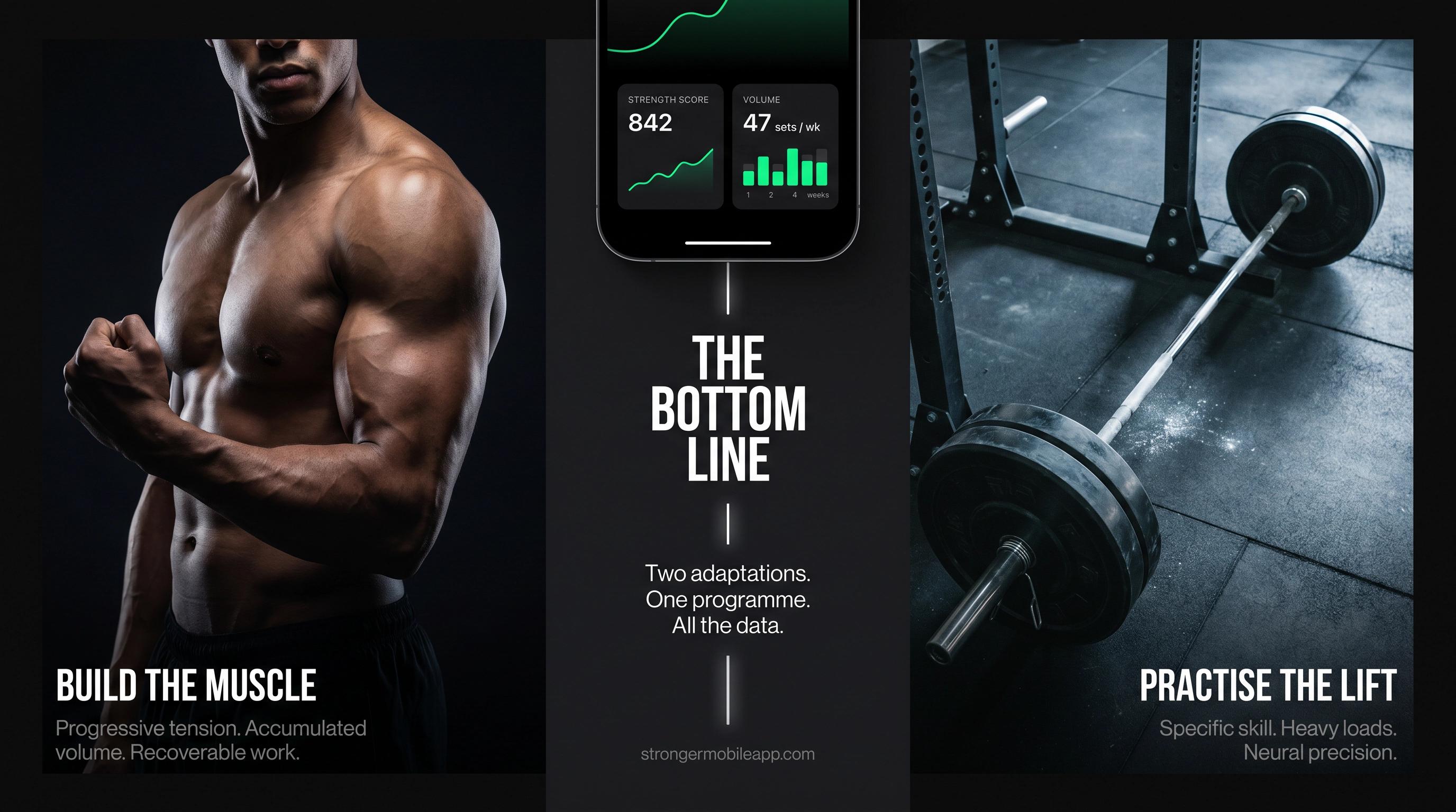 Cinematic split-screen showing hypertrophy and strength as two adaptations unified by data-driven training