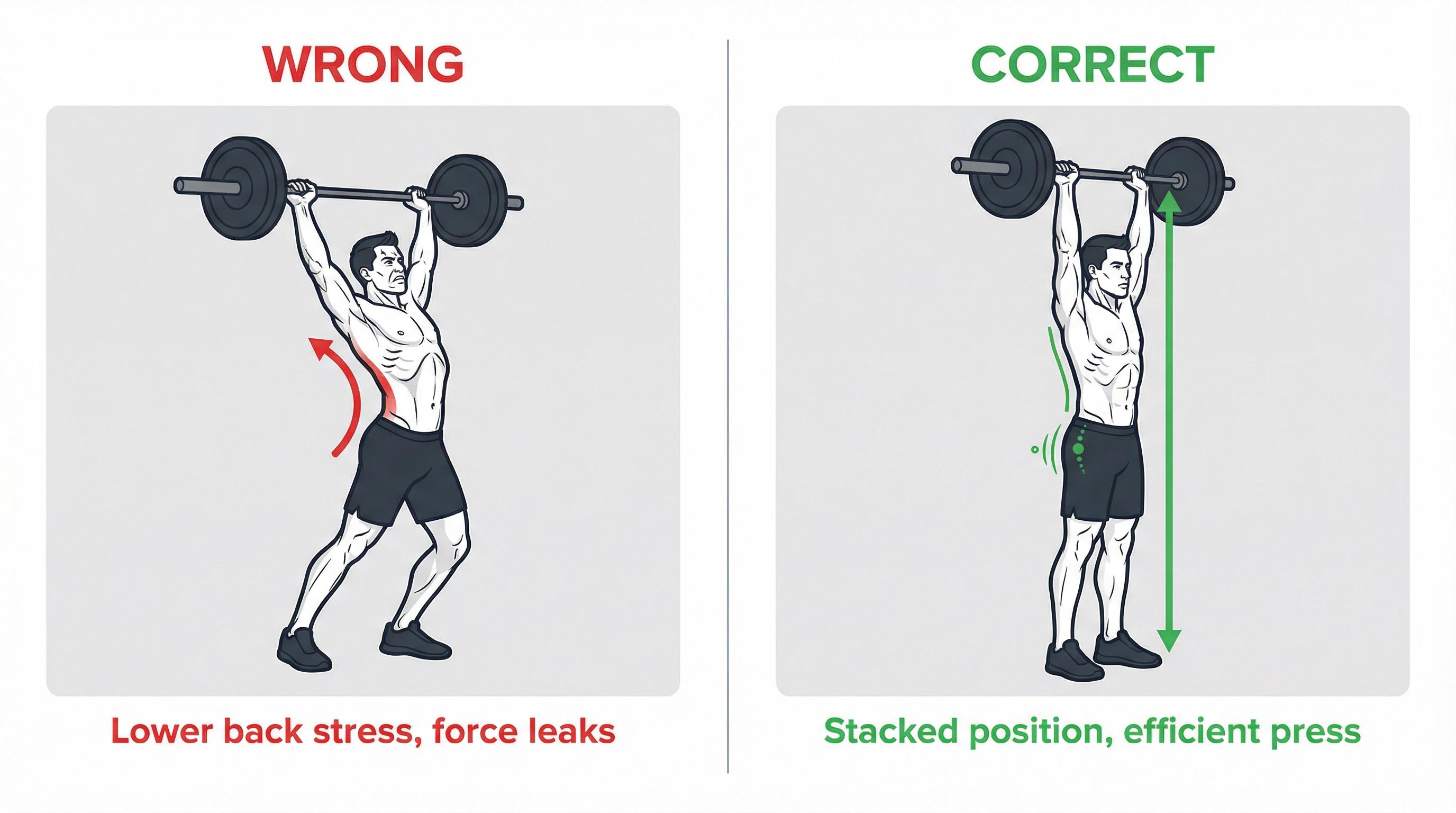Side-by-side comparison of wrong overhead press form (lower back arch) vs correct form (neutral spine, ribs down)