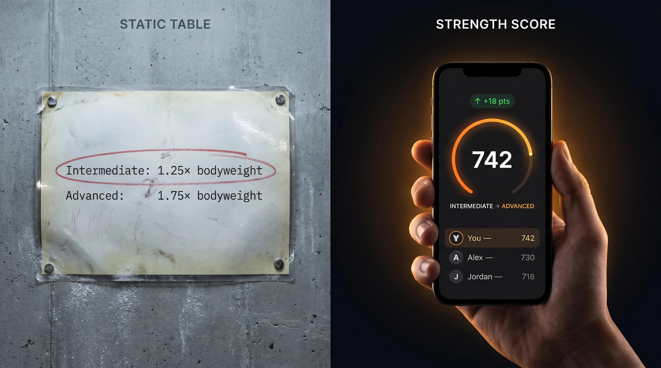 Split-panel illustration: left shows a frozen printed benchmark table, right shows Stronger app's live Strength Score updating after a new PR