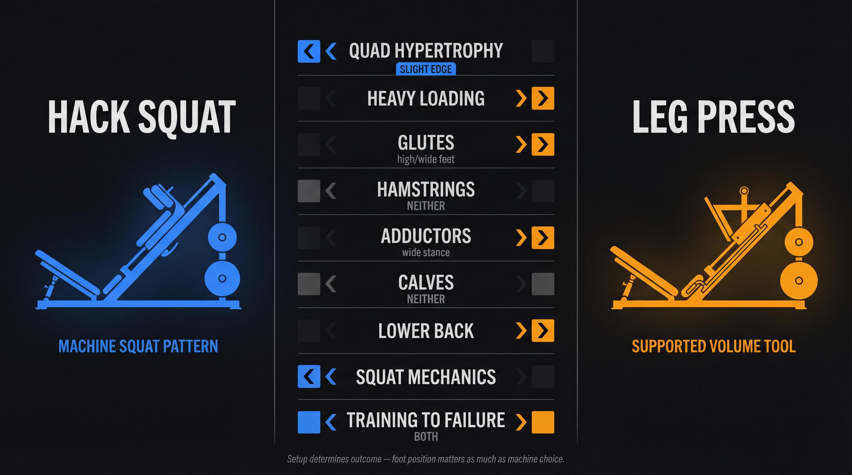 Split-panel infographic comparing hack squat vs leg press across 9 training goals with winner callouts for quads, glutes, and lower back