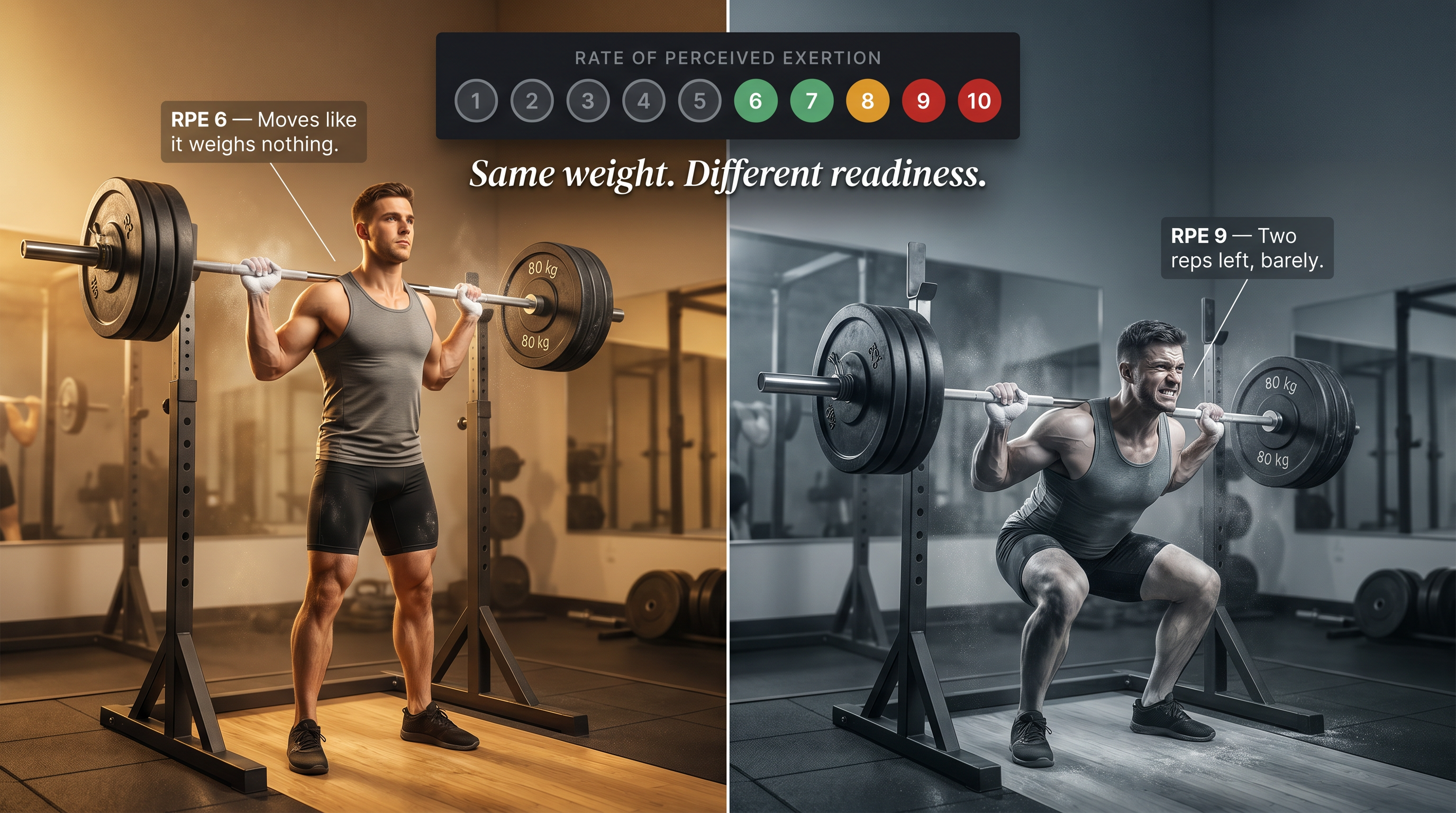 Split-scene editorial illustration showing the same barbell feeling easy vs crushing on different days, with RPE 1-10 scale overlay