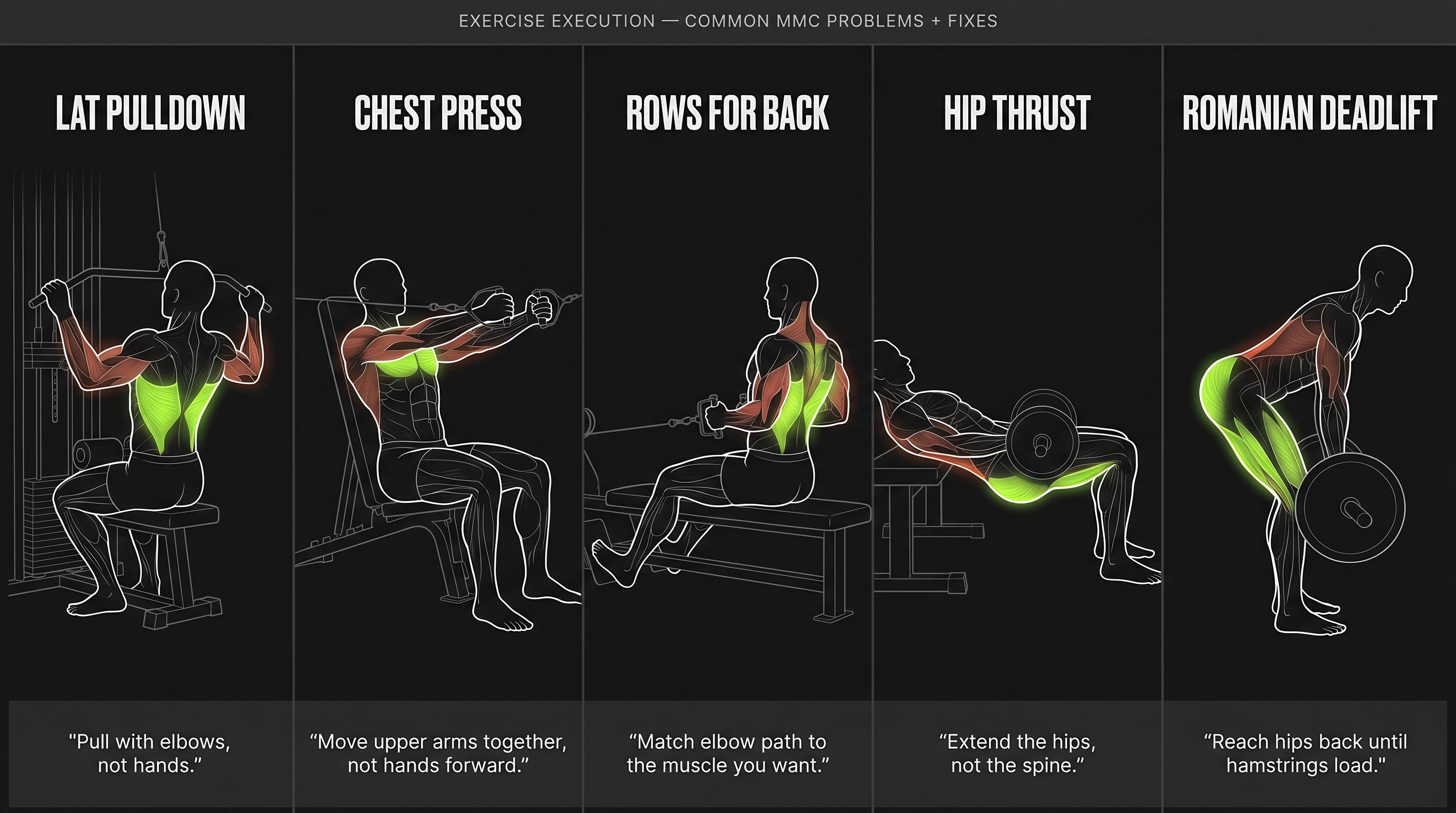 Five-panel anatomical guide showing correct muscle targeting cues for lat pulldown, chest press, rows, hip thrust, and RDL