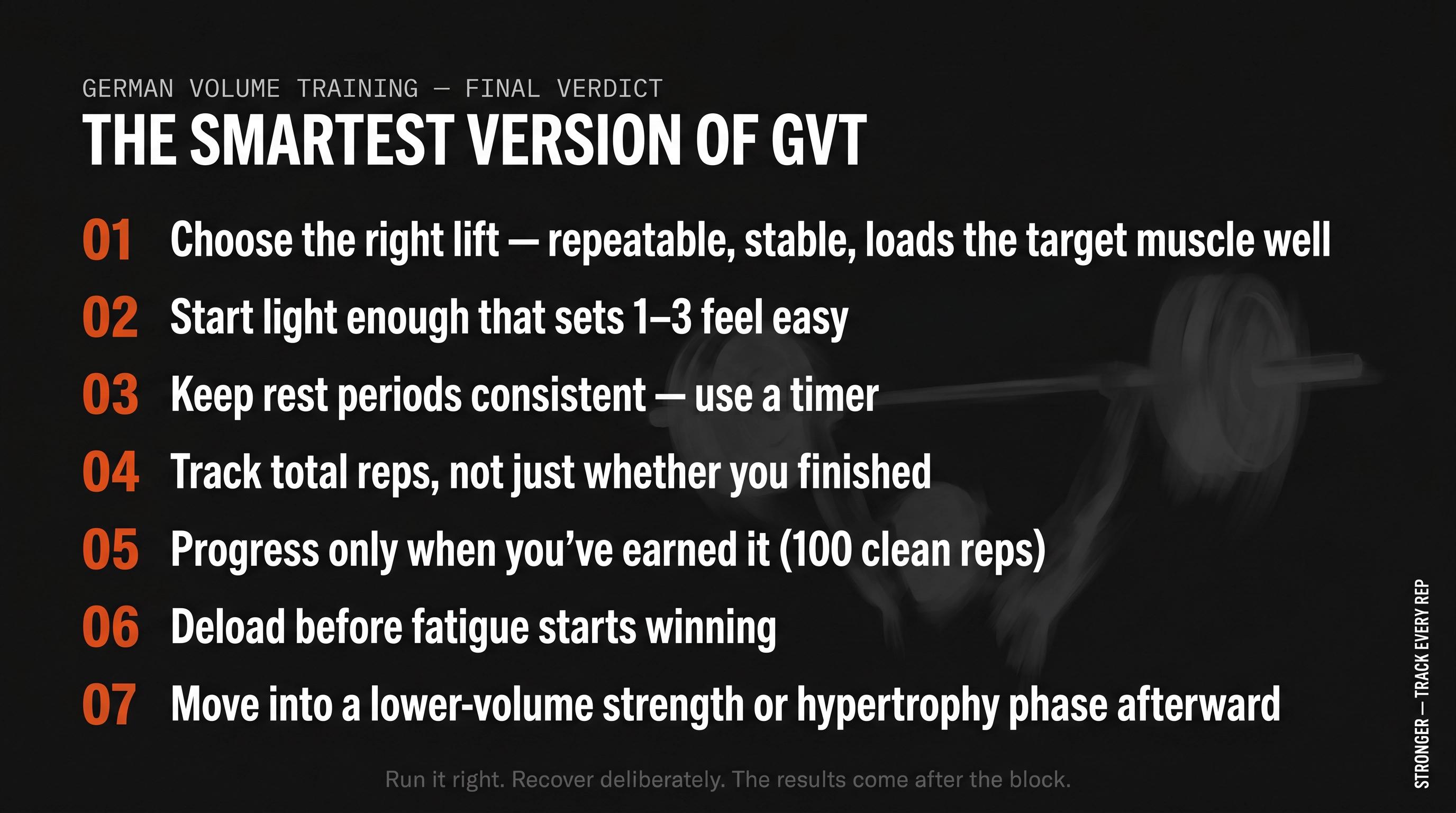 GVT 7-step execution checklist: right lift, start light, rest timer, track reps, progress at 100, deload, then lower volume