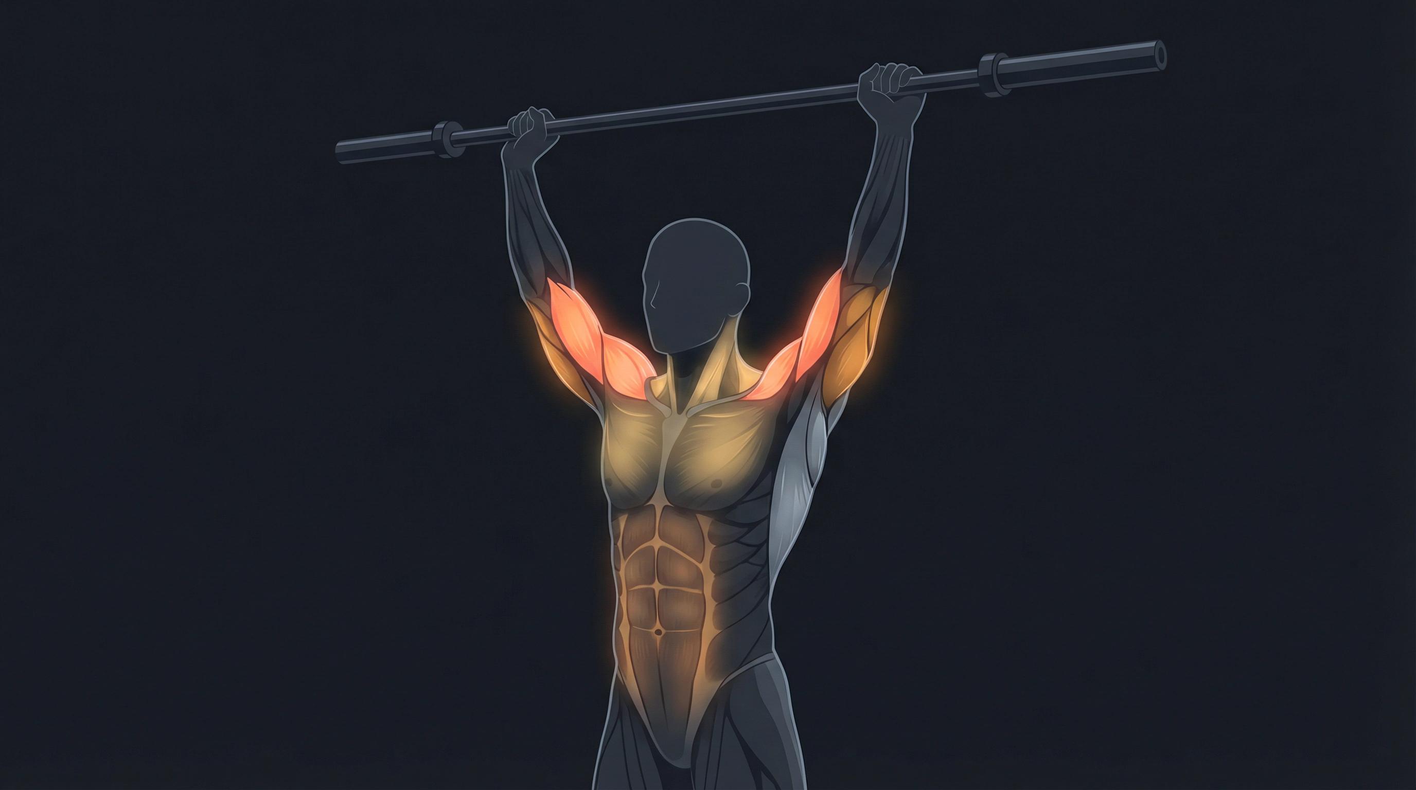 Anatomical illustration of overhead press muscle activation showing anterior deltoid, lateral deltoid, triceps, upper traps, and core highlighted by intensity