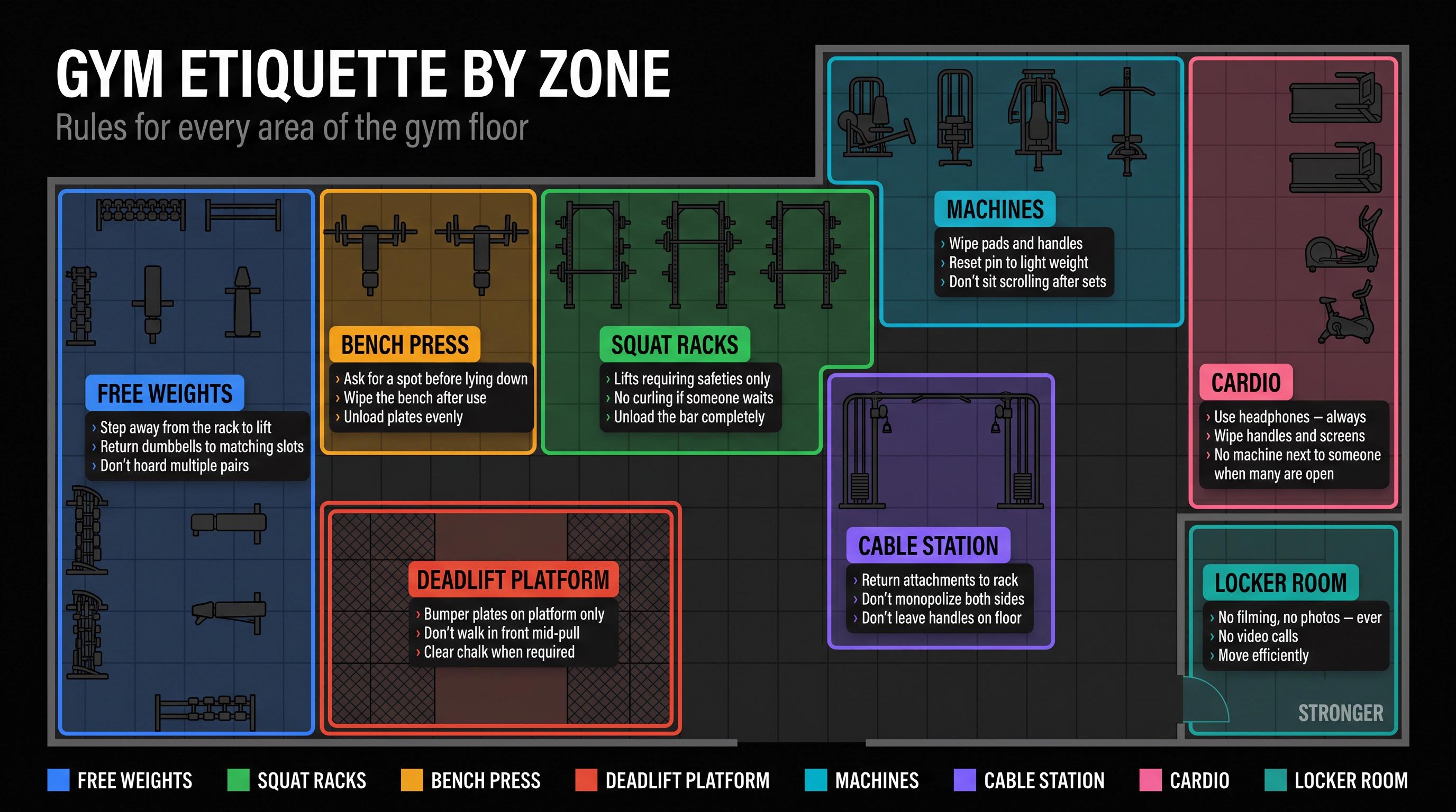 Illustrated top-down gym floor map divided into 8 color-coded zones, each labeled with key etiquette rules