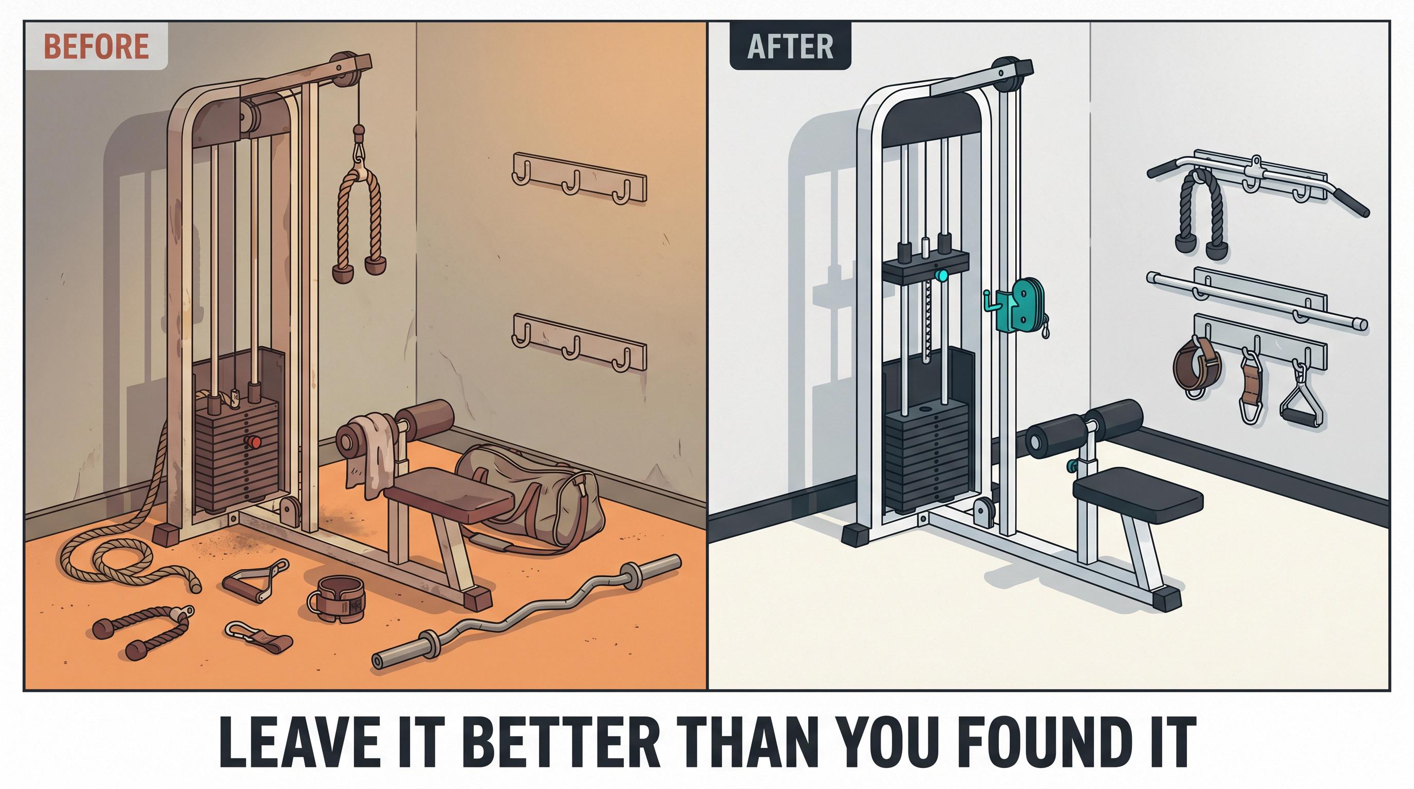 Two-panel illustration showing a trashed gym cable and machine area on the left versus a properly reset, clean setup on the right