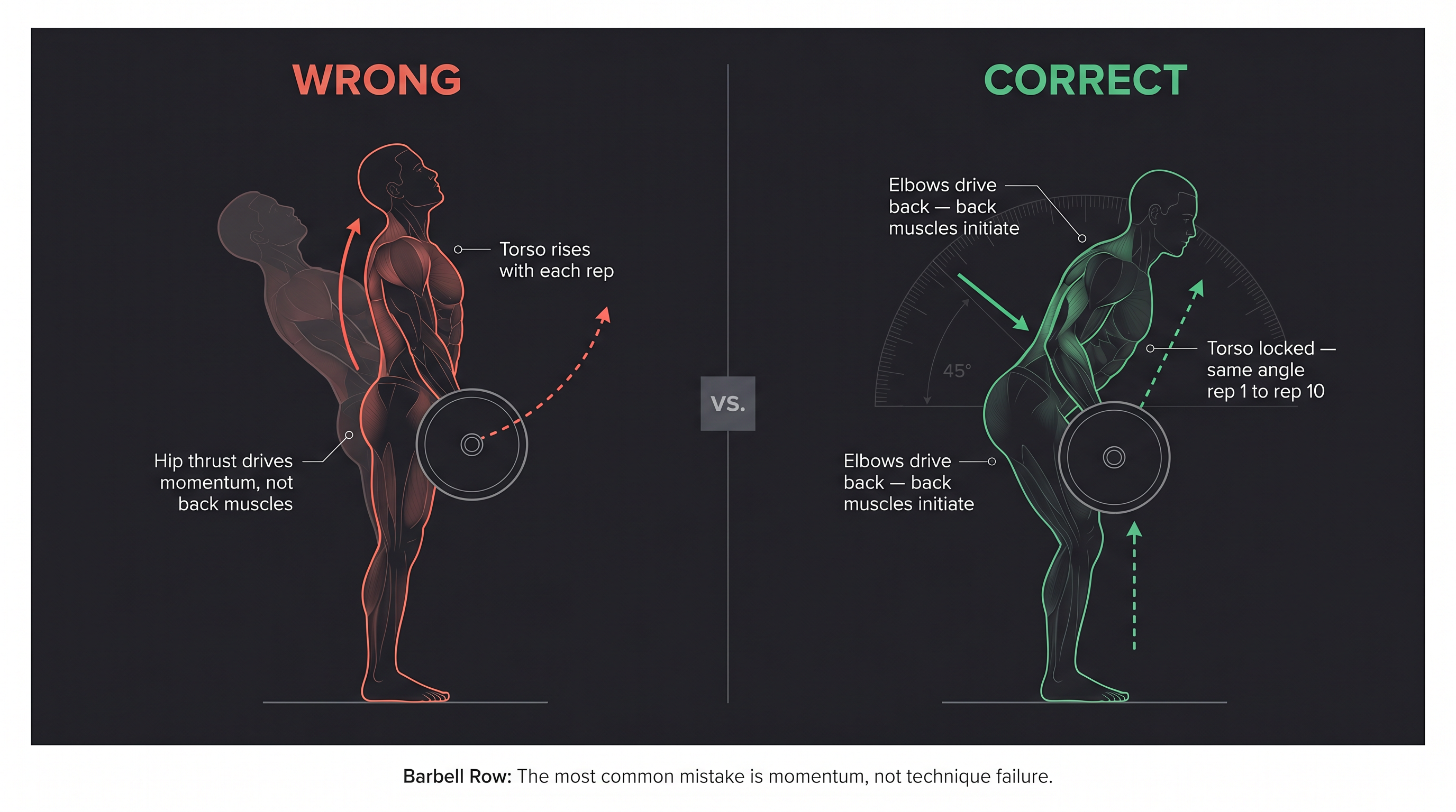Side-by-side comparison of barbell row form: wrong hip-thrust momentum cheat vs correct 45-degree locked torso