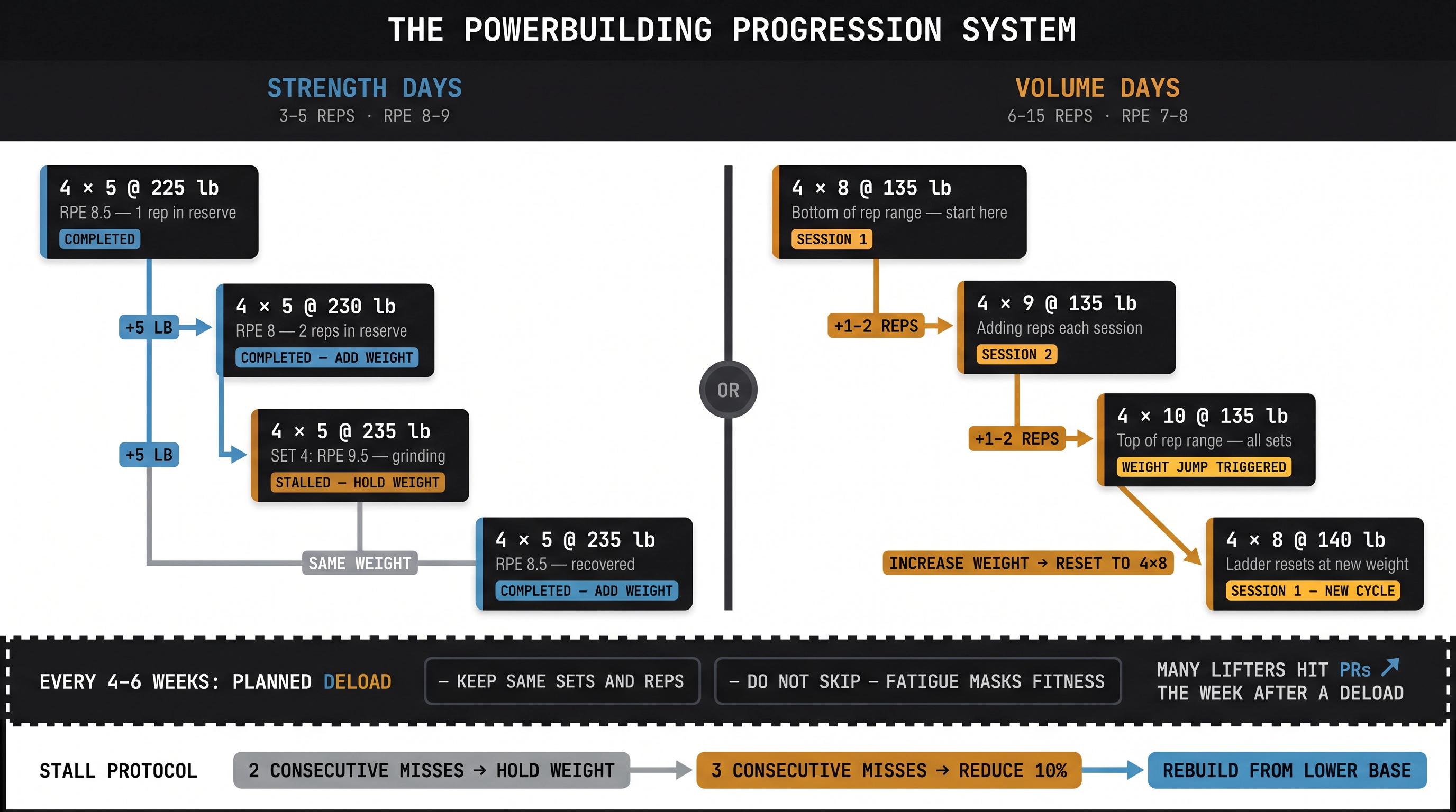 Dual-track powerbuilding progression diagram showing strength-day load increases alongside volume-day double progression and deload cycles