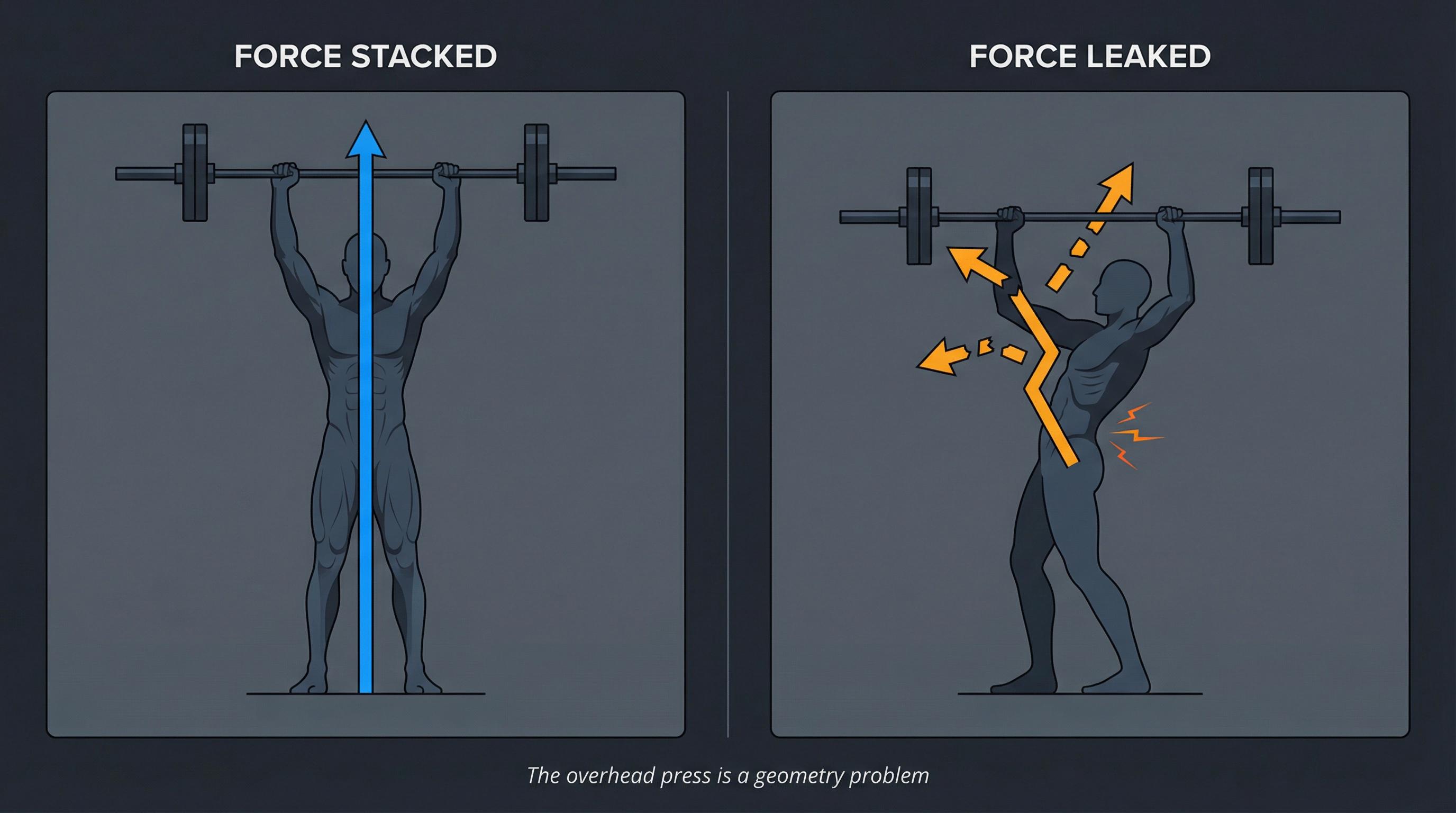 Side-by-side illustration comparing a stacked overhead press with perfect bar path versus a forward-drifted press leaking force