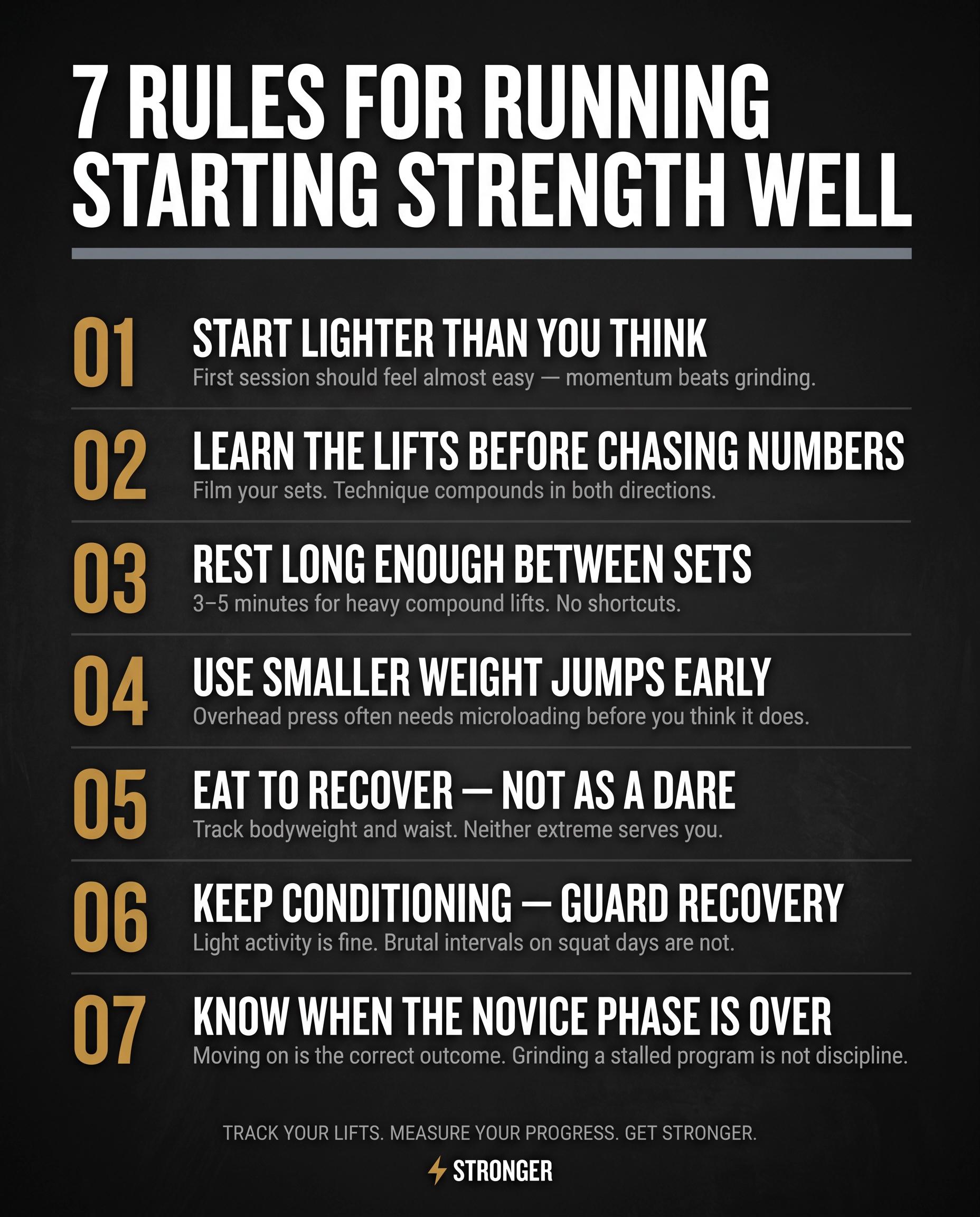 Dark typographic reference card listing 7 tips for running Starting Strength effectively, styled like a premium gym poster