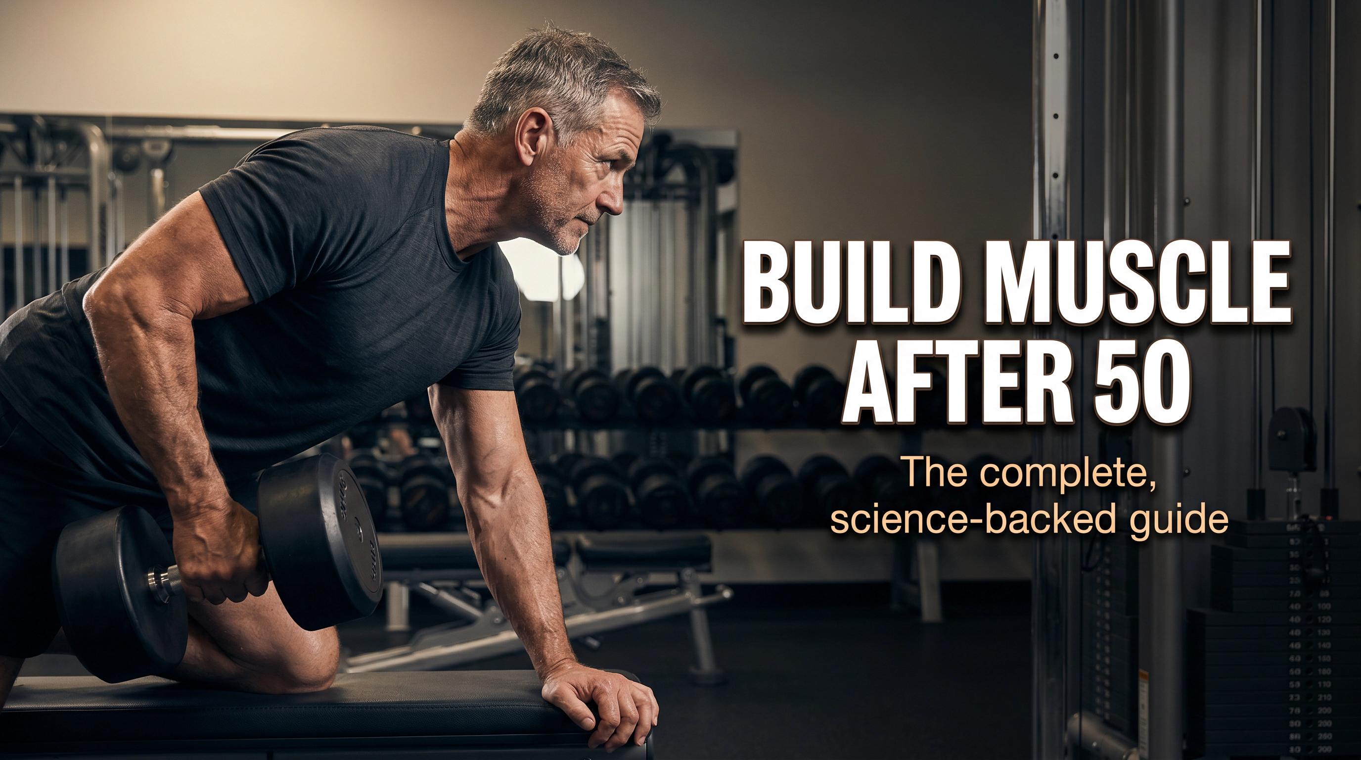 A strong man in his mid-50s performing a heavy dumbbell row in a well-lit gym, conveying real muscle is possible after 50