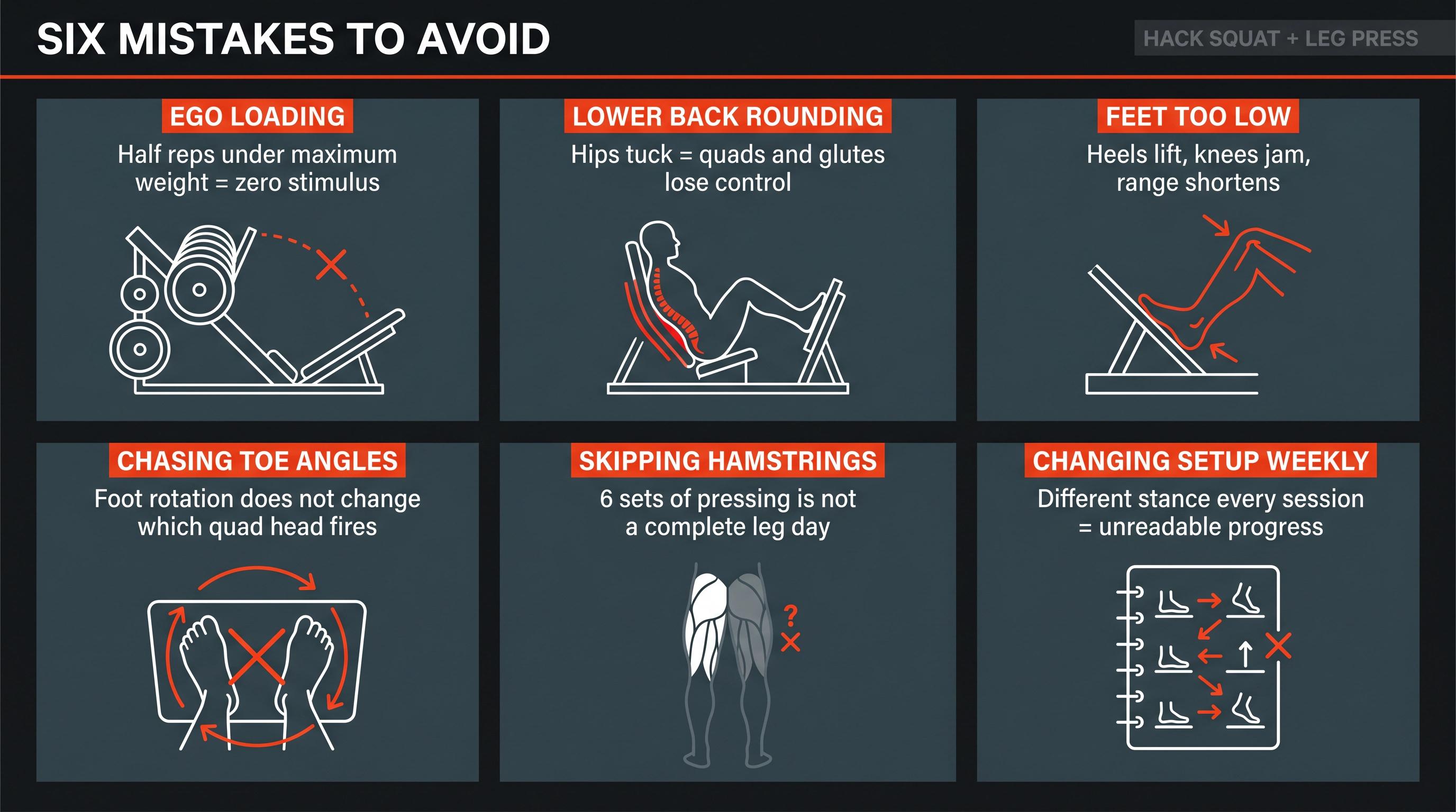 Six-panel reference card of the most common hack squat and leg press mistakes, with bold labels and corrective cues for each error