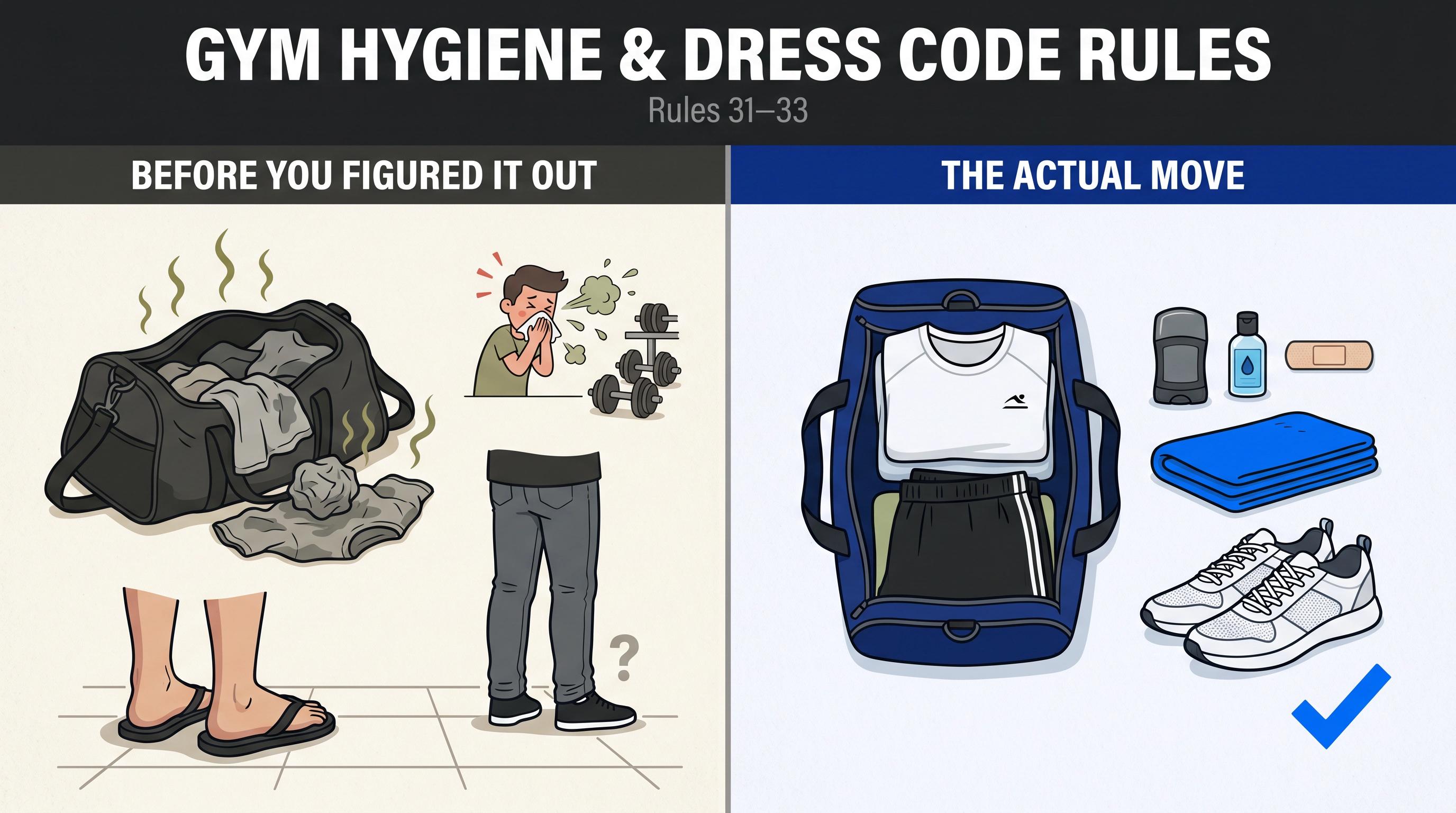 Split editorial illustration comparing wrong vs right gym hygiene habits: clean athletic gear, proper shoes, towel, and sanitizer on the right
