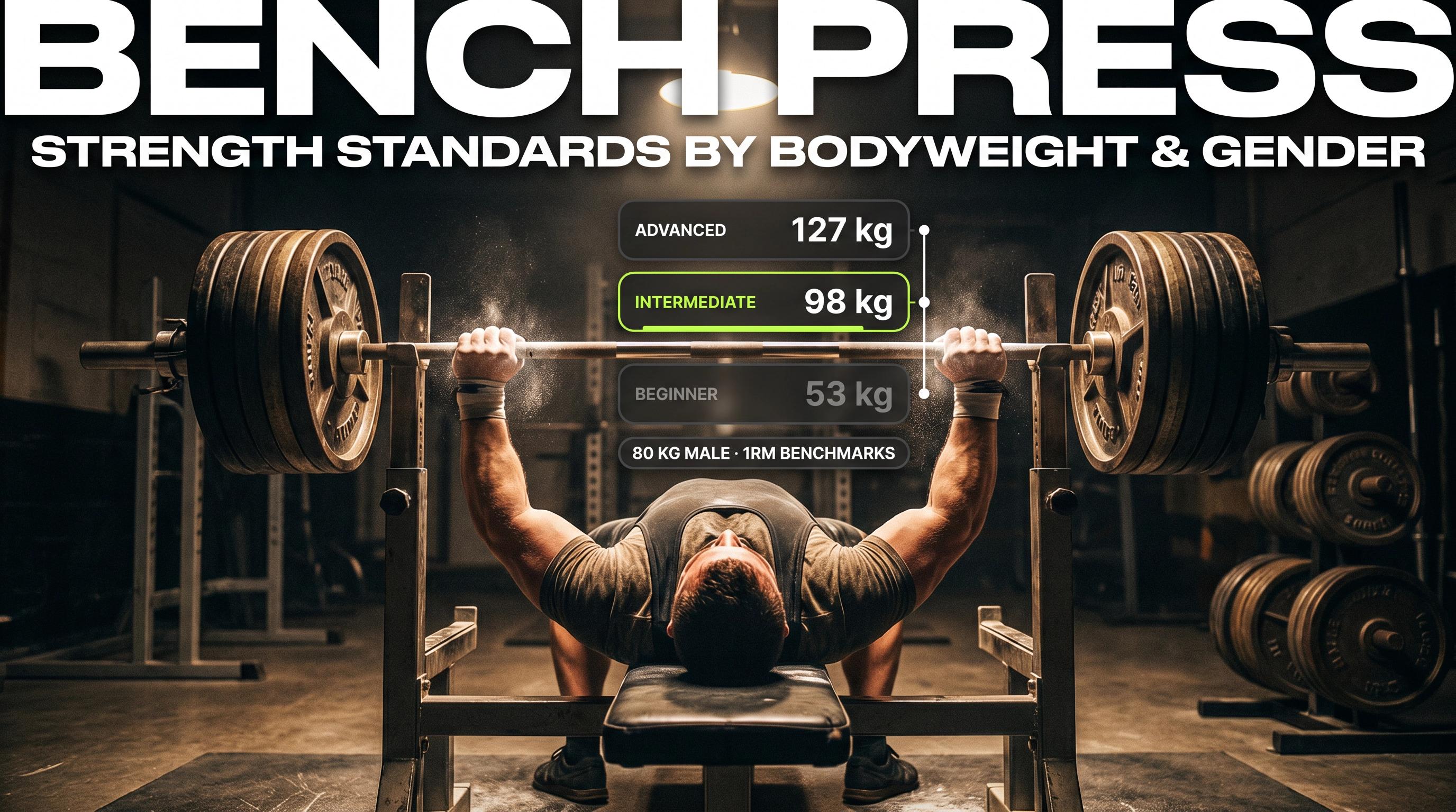 Low-angle cinematic bench press scene with strength tier overlays: 98 kg Intermediate, 127 kg Advanced, 157 kg Elite for an 80 kg male