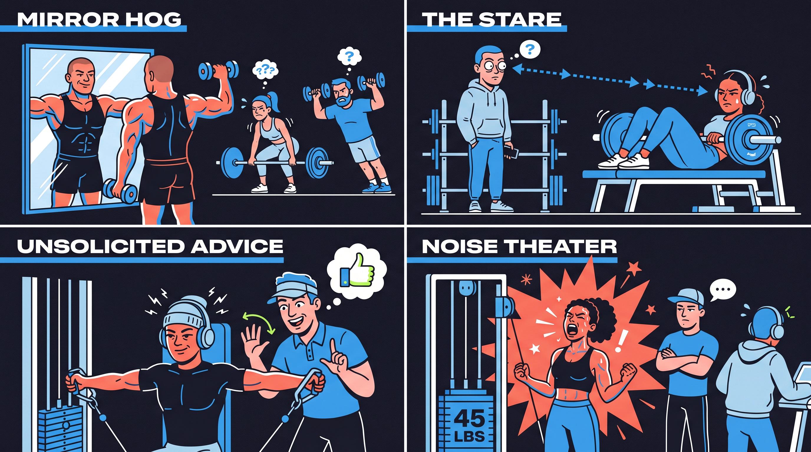 Four-panel editorial illustration showing gym social etiquette violations: mirror hogging, staring, unwanted approach, and noise theater